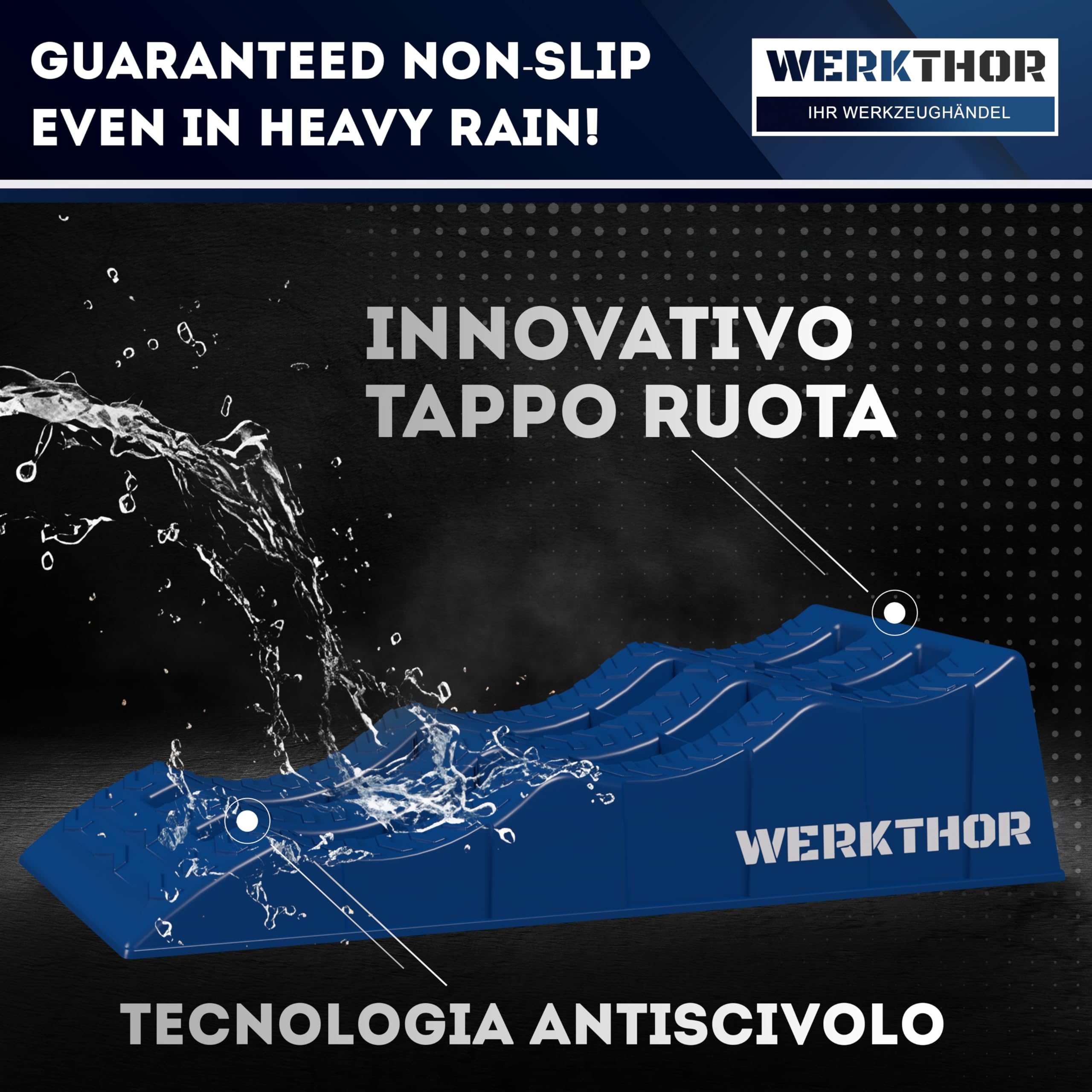 WERKTHOR Cunei per Camper (Blu) - [Set di 2] Cunei Stabili per Caravan e Camper | Cunei per Camper per un Livellamento Sicuro [<3t] - Design Robusto per Qualsiasi Superficie