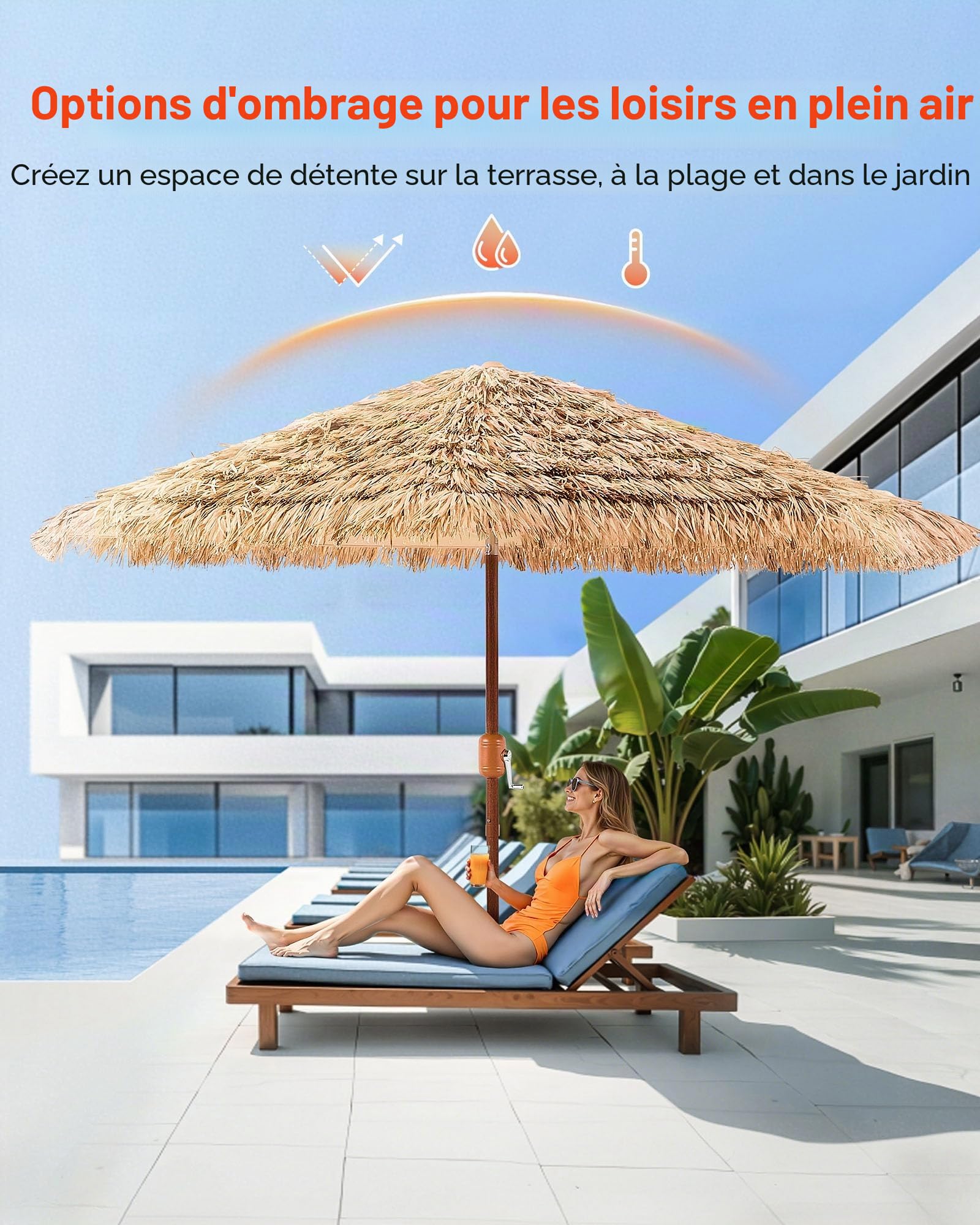 VEVOR Tiki – Parasol de terrasse inclinable, style hawaïen avec chaume en polypropylène durable, pour plage, terrasse, bord de piscine, arrière-cour et jardin