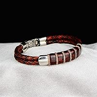 Vista 3 de Men Leather Bracelet, Silver Natural Ruby Stone Bracelet, Unique Anniversary Gift For Men Vintage Bracelet, 925k Sterling Silver Bracelet