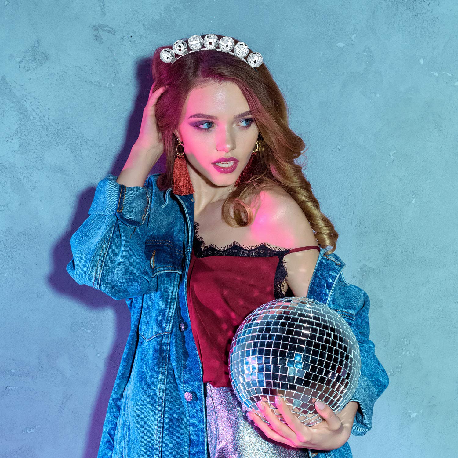 4 Pieces Disco Ball Headbands Mirror Ball Silver Head Boppers 1970s