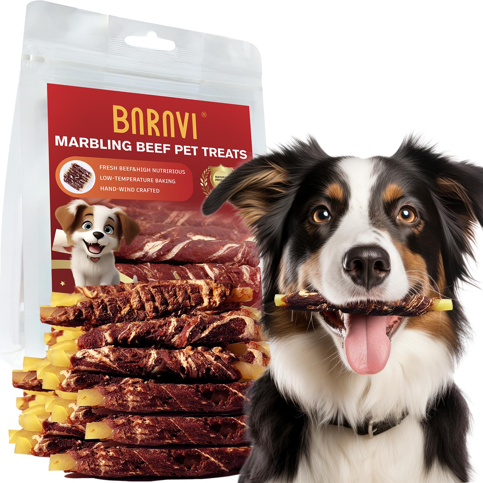 BARAVI Marbling Beef Dog Sticks - Rawhide Twists Ideal for All Breeds. Clean Teeth Naturally While Chewing, 12.35 oz Pack