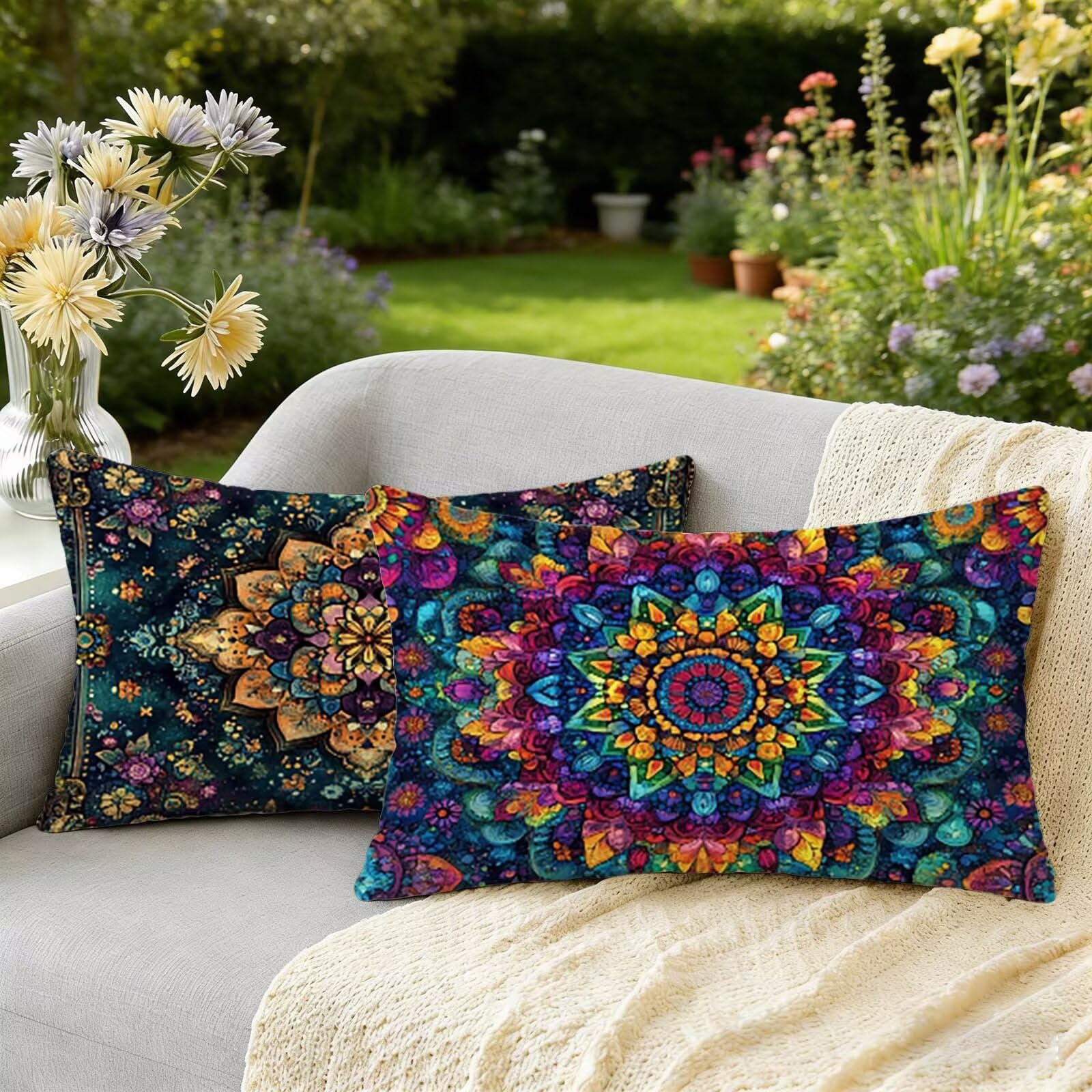 Taie oreiller imperméable 40 x 80 cm coussin extérieur velours mandala pour canapé