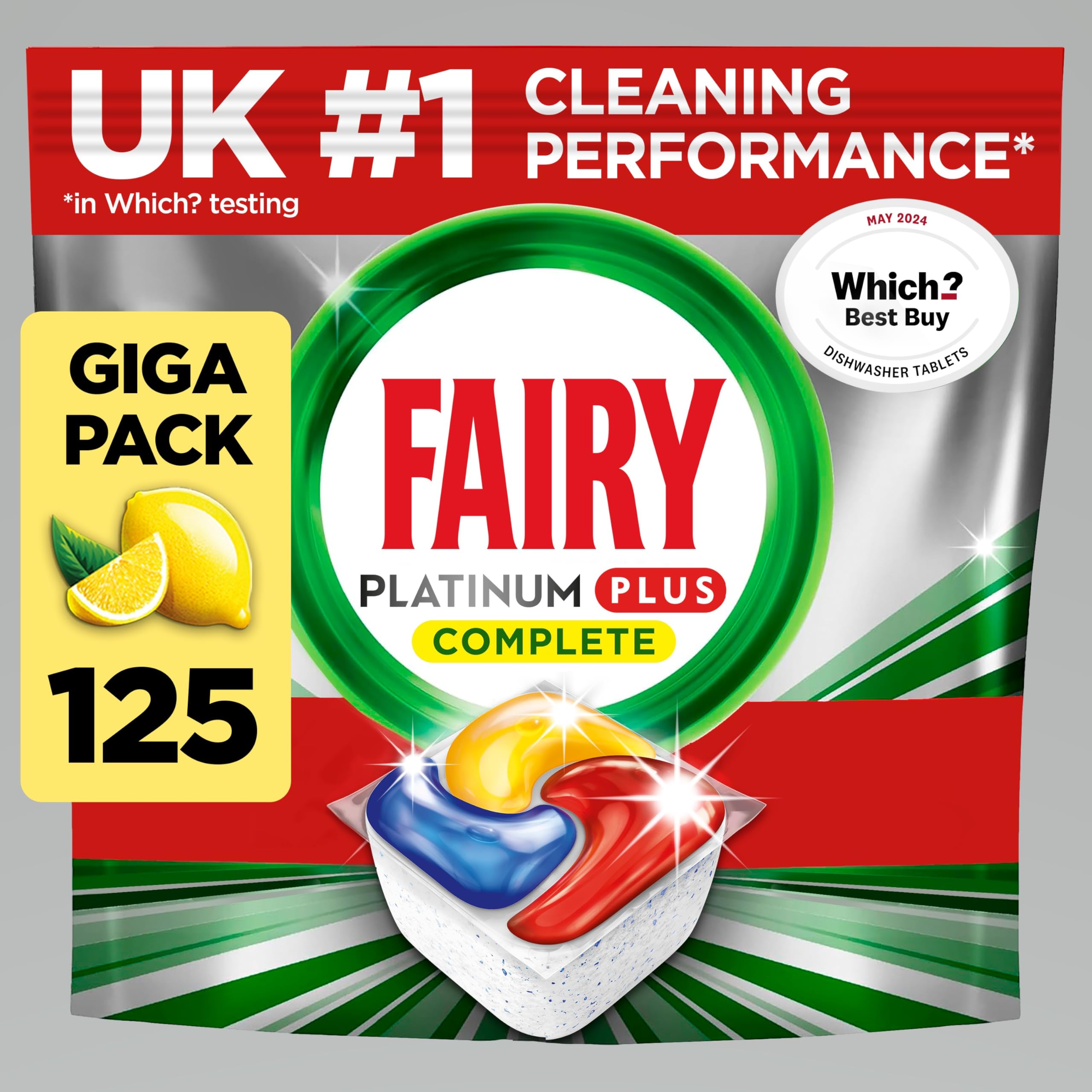Fairy Platinum Plus Complete All-in-1 Dishwasher Tablets, 125 Pack, Citrus. With anti-dull tech & rinse aid action for a deep clean. Effective in short cycles for sparkling dishes.