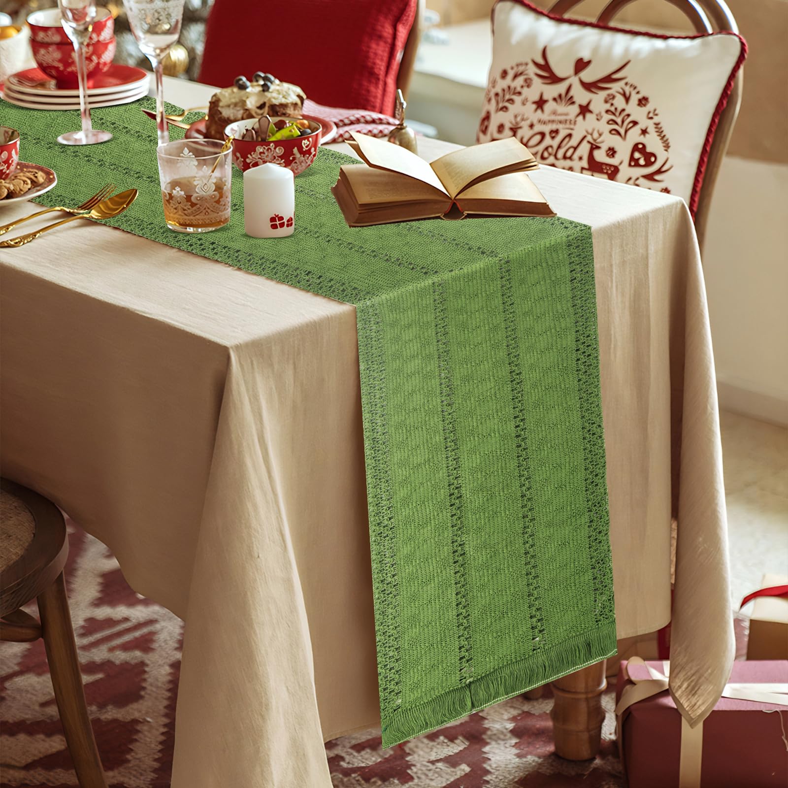 YiJiuBa Tischläufer Grün, Artoid Mode Wald Grün Landhausstil Quasten Tischläufer, Waschbar Küche Tisch Dekoration Baumwolle Leinen Table Runner für Hochzeit Party Deko 30x140 cm