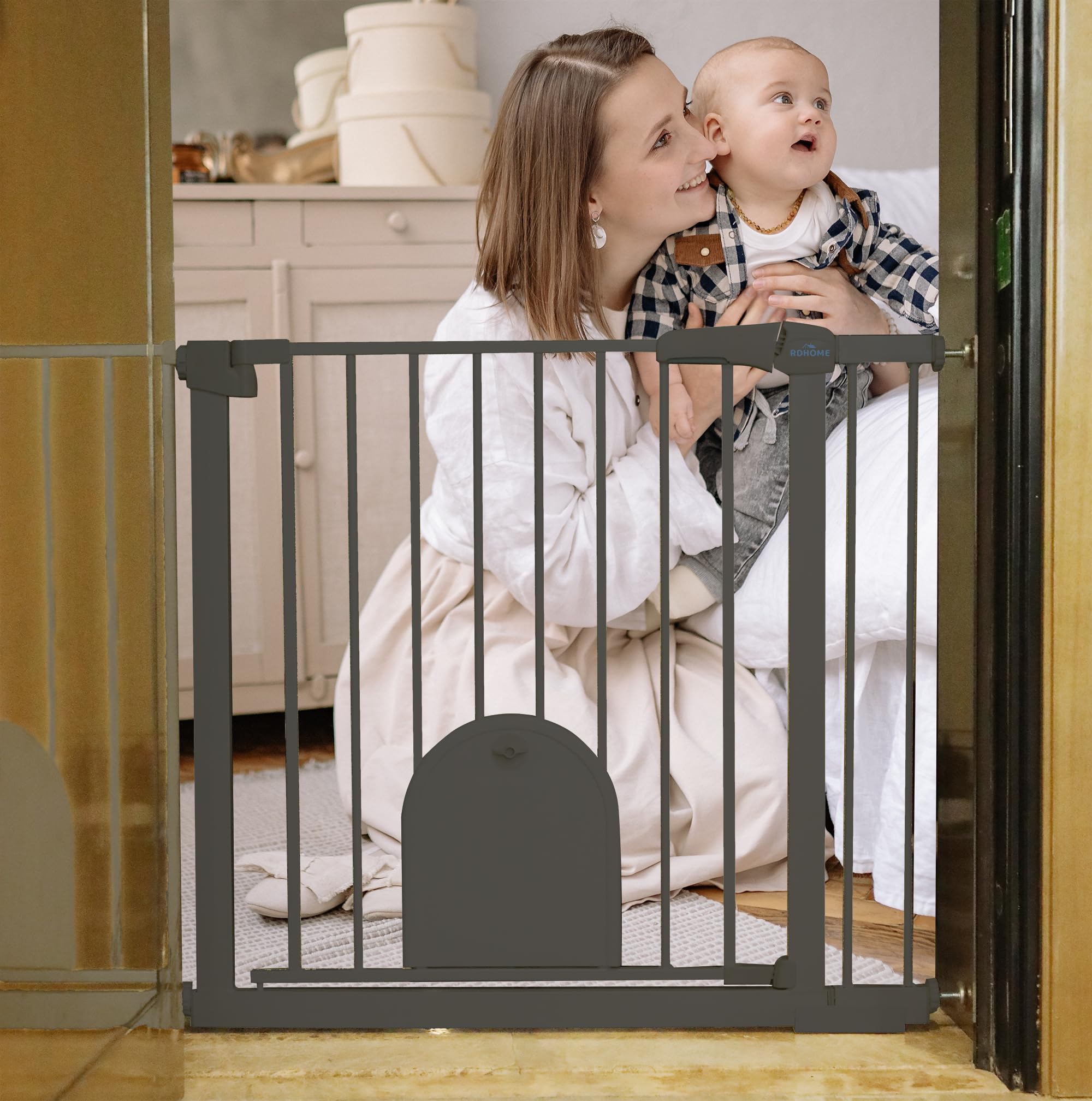 RDHOME 30" Baby Gate with Small Cat Door, 30-32"/42-44" Wide Two-Way Auto Close Child Safety Gate with Adjustable pet Door, Pressure Mounted Easy Walk Thru Dog Gate for Hallway, Doorway, Stairs