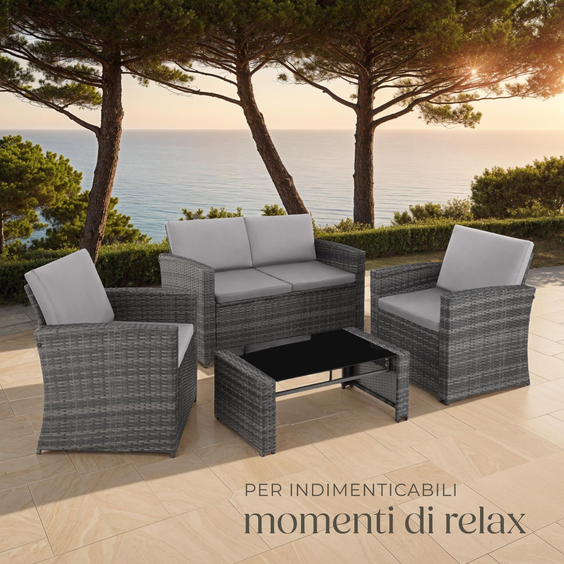 Salottino in Rattan da Giardino Esterno con 2 Poltrone, Divano e Tavolo in Vetro Rimovibile - Grigio/Grigio Chiaro