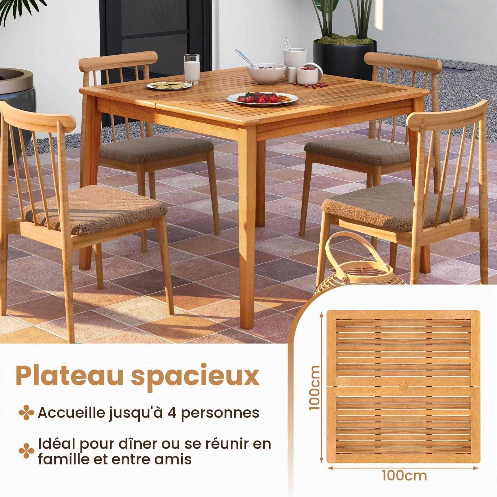 KOMFOTTEU Table de Jardin avec Trou pour Parasol de 5 cm, Table à Manger en Bois d'acacia pour 4/6/8 Personnes, Bureau à Lattes, Extérieur & Intérieur (100 x 100 x 75,5 cm)
