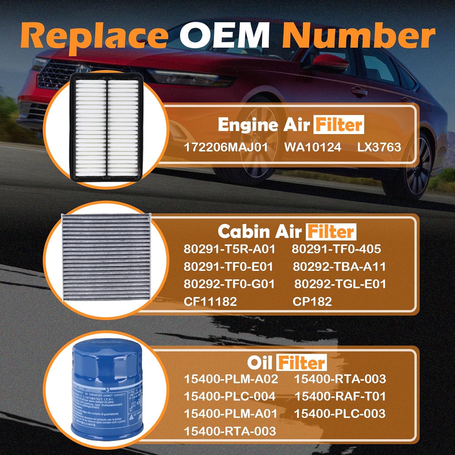 15400-PLM-A02 Oil Filter & 172206MAJ01 Engine Air Filter & CF11182 Cabin Air Filter Fit for 2023-2025 Honda Accord 2.0L Hybrid, 2023-2025 Honda CR-V 2.0L Hybrid