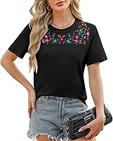 VILOVE Women's Mexican Embroidered T-Shirt Traditional Boho Floral Embroidery Summer Blouse Tunic