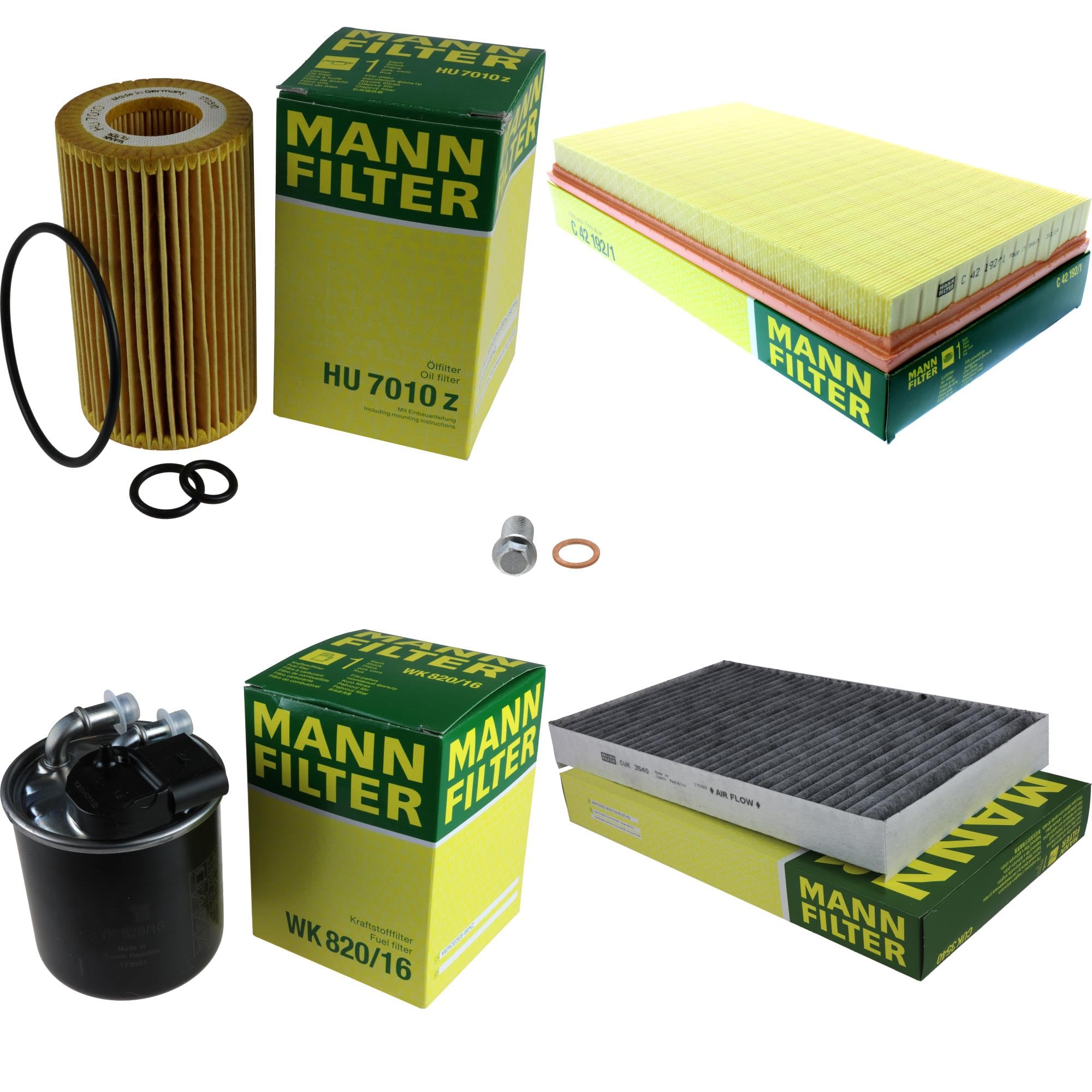 Paquete de inspección Kit de mantenimiento de filtros con filtro de aceite HU 7010 z, filtro de aire C 42 192/1, filtro de combustible WK 820/16, filtro de habitáculo CUK 3540, tornillo de