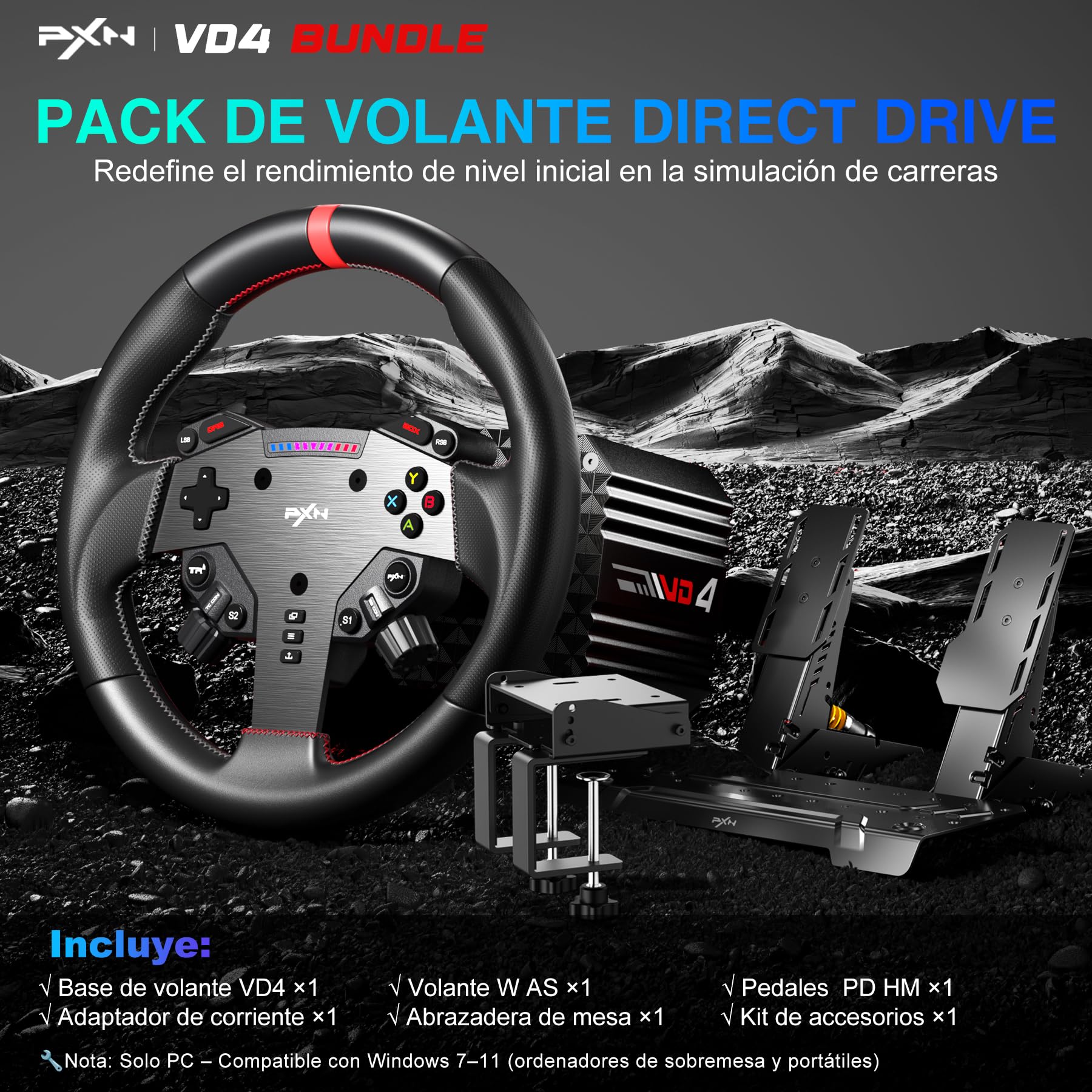PXN VD4 Kit Volante de Carreras Direct Drive – Base con Motor Servo de 4 Nm y Quick Release, Volante de Juego W AS, Pedales PD HM de Freno y Acelerador, Abrazadera de Mesa – Compatible con PC Windows