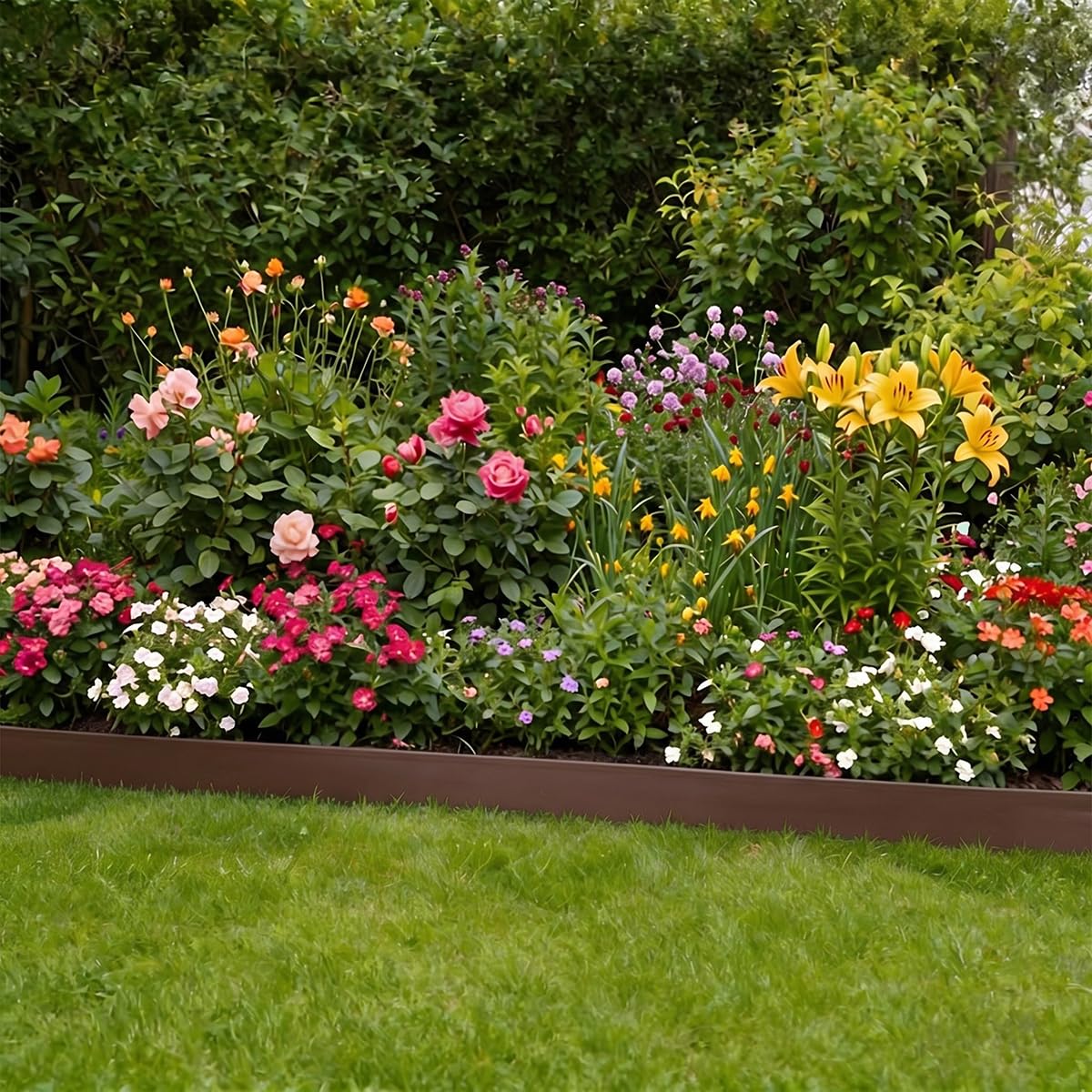 Bordo flessibile da giardino, 10 m, altezza 10 cm, in plastica, per giardini e prati, con 50 paletti, per aiuole, divisori paesaggistici, marciapiedi, resistente alle intemperie, marrone