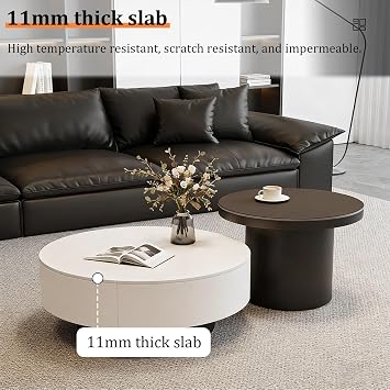Rock Slab Circle Coffee Table Set, Luxury Tables For Living-Room, Nesting Tables With Thicken Leg,Coffee Table Round With Storage(Black-2,80cm)