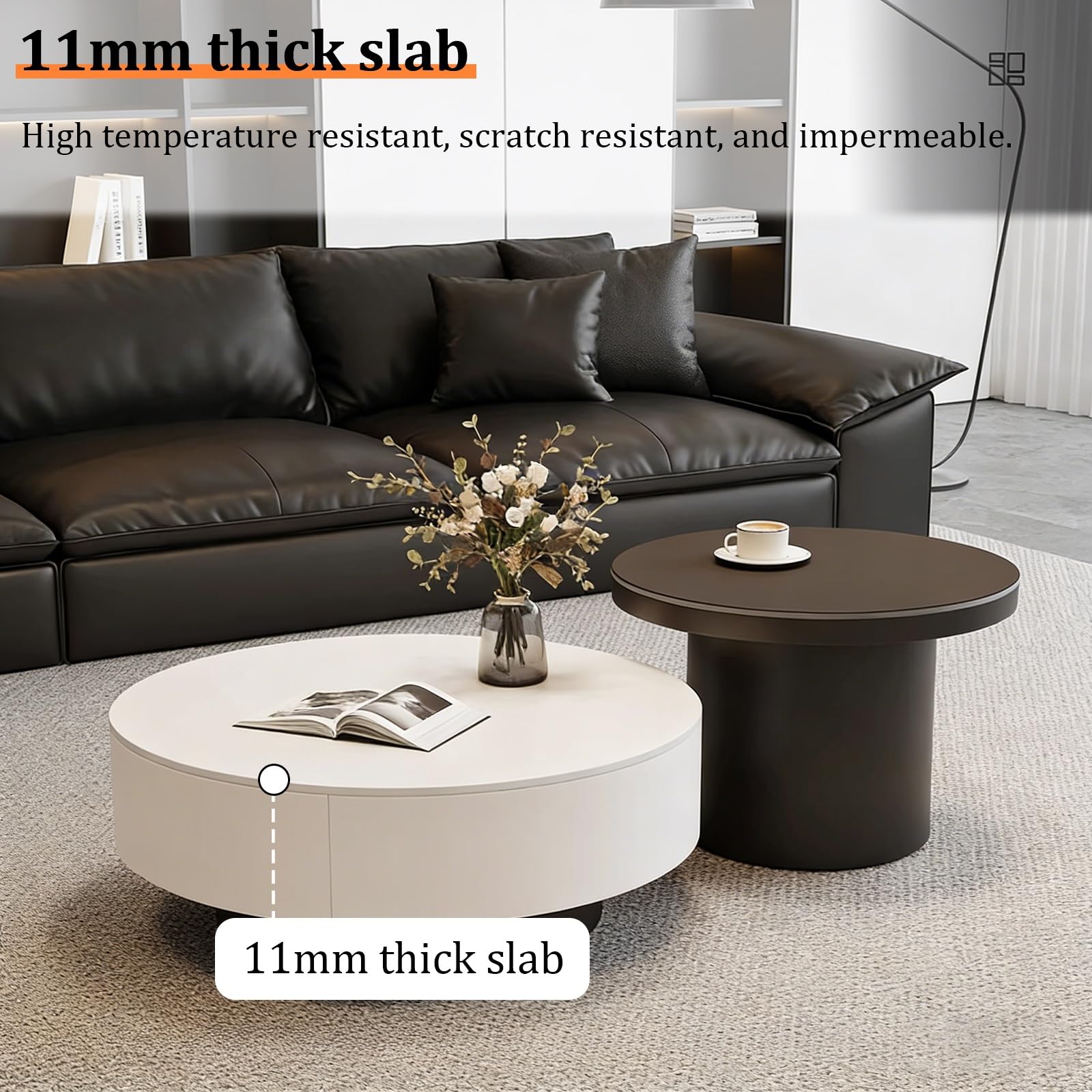 Elegante juego de mesa de café White Rock, mesas redondas anidables (70 cm + 50 cm) para sala de estar, patas gruesas, decoración moderna y elegante para el hogar, muebles de acento perfecto