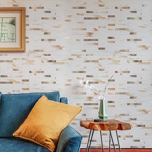 Miniatura 10 de StyloVue 20 hojas de azulejos para despegar y pegar, color negro con aspecto dorado de metal para mejorar tu cocina, caravana, chimenea