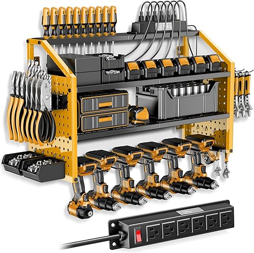 LBT Organizador de herramientas eléctricas con estación de carga, patentado, acero resistente, 6 tamaños de plataforma de perforación con ganchos y
