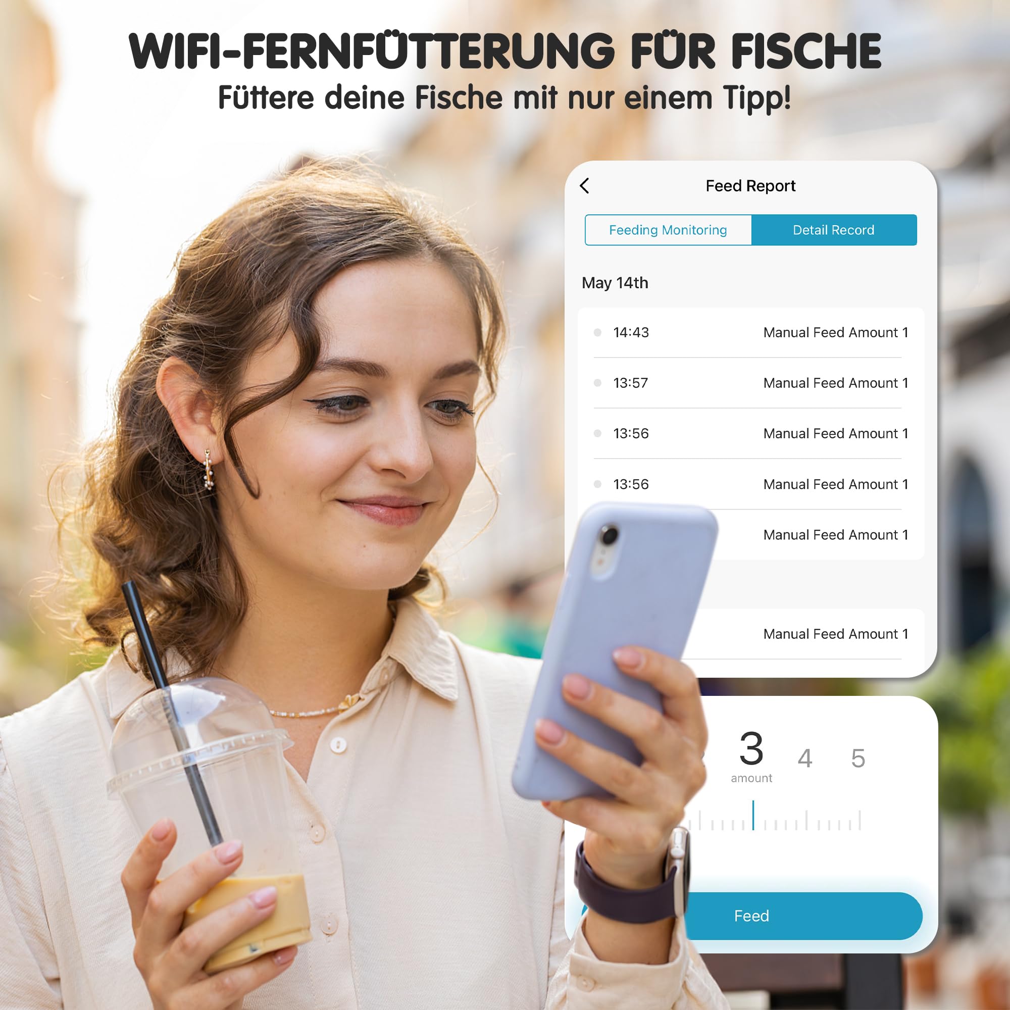 Ycozy WiFi Fischfutter Automat Aquarium, Futterautomat Netzteil mit Stecker & USB-C Kabel Fischfutterspender WLAN Gesteuerter mit APP Automatischer Fischfutterautomat für Aquarium Navi-BTS