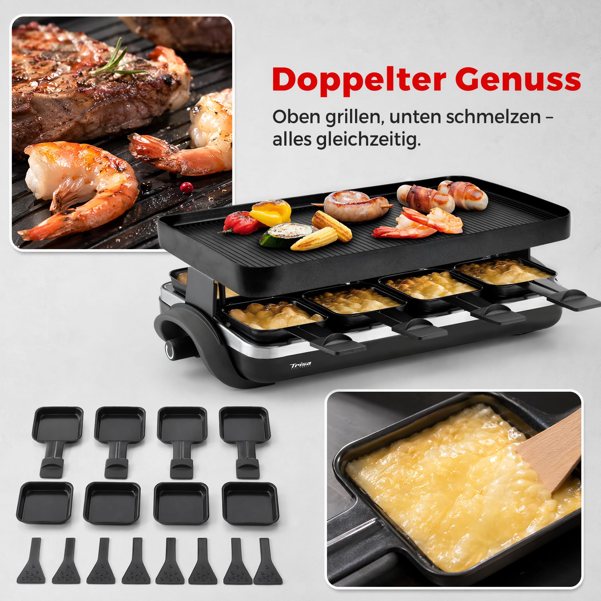 Trisa Raclette Supreme 8 Grill, 1500W, 8 Pfännchen, Guss-Aluminium Platte | 8 Antihaft-Pfännchen & Spachtel, Guss-Aluminium Grillplatte, 1500W, Stufenloser Temperaturregler