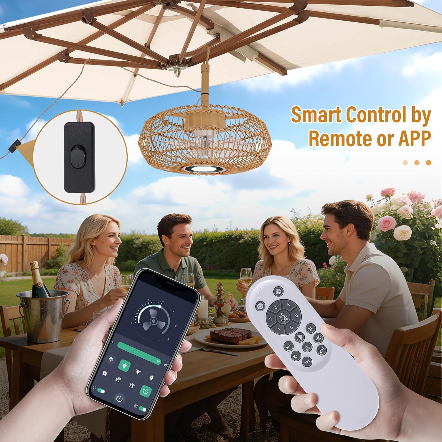 Outdoor Ceiling Fan: Plug In Gazebo Fan,Remote,APP,3CCT 6-Speeds,Waterproof Hanging Light Fixture With Fans,Boho Outside Fandelier For Patios Porch Canopy