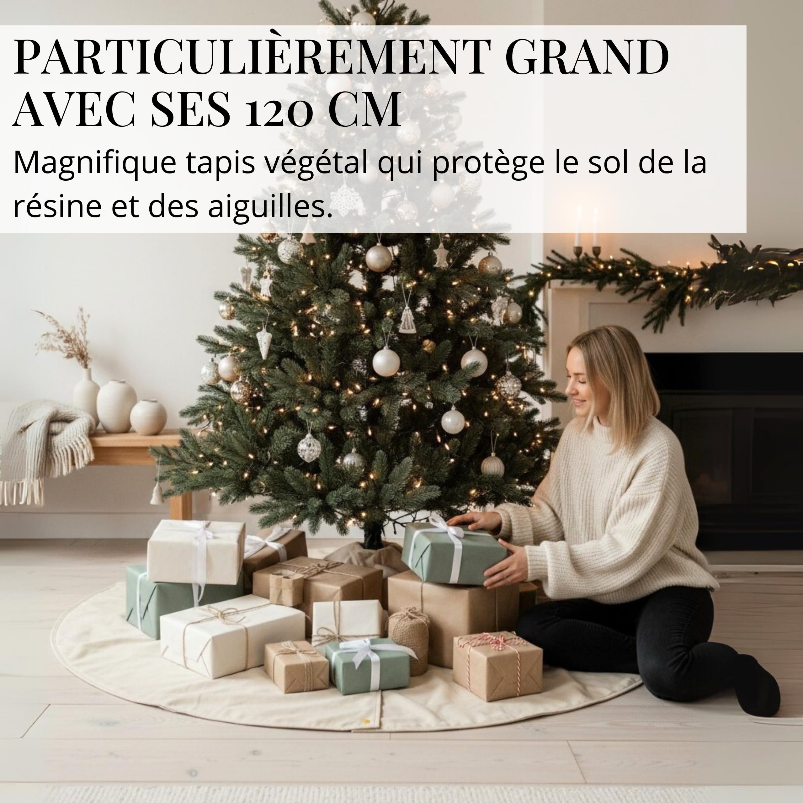 LIVLIG Jupe de Sapin Ø120 cm en Coton Beige/Brun – Tapis Rond réversible 2-en-1 avec Bord doré, Base décorative pour Pied de Sapin de Noël