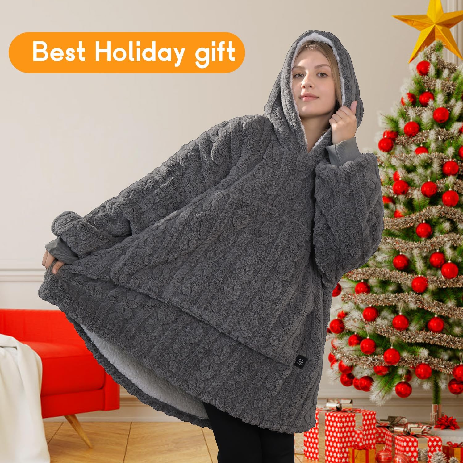Heated Wearable Blanket Battery Powered, Come with 5000mAh Portable Rechargeable Charger, USB Fannel Sherpa Oversized Hoodie Sweatshirt, Machine Washable, Grey