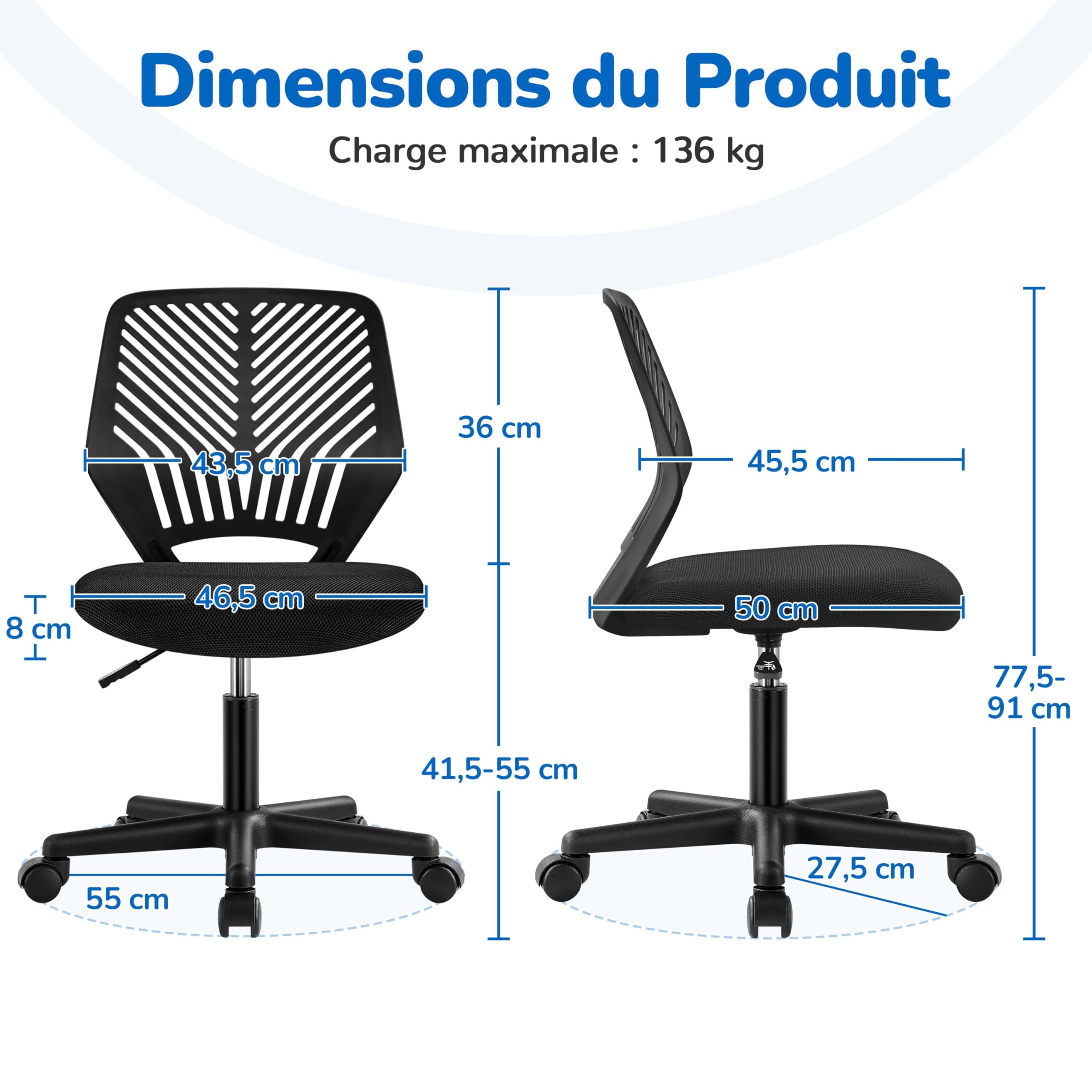 Yaheetech Chaise de Bureau, Chaise d'Ordinateur, Fauteuil Bureau Ergonomique, Pivotant, Fonction Réglage, Style Moderne, Charge de 136kg Noir