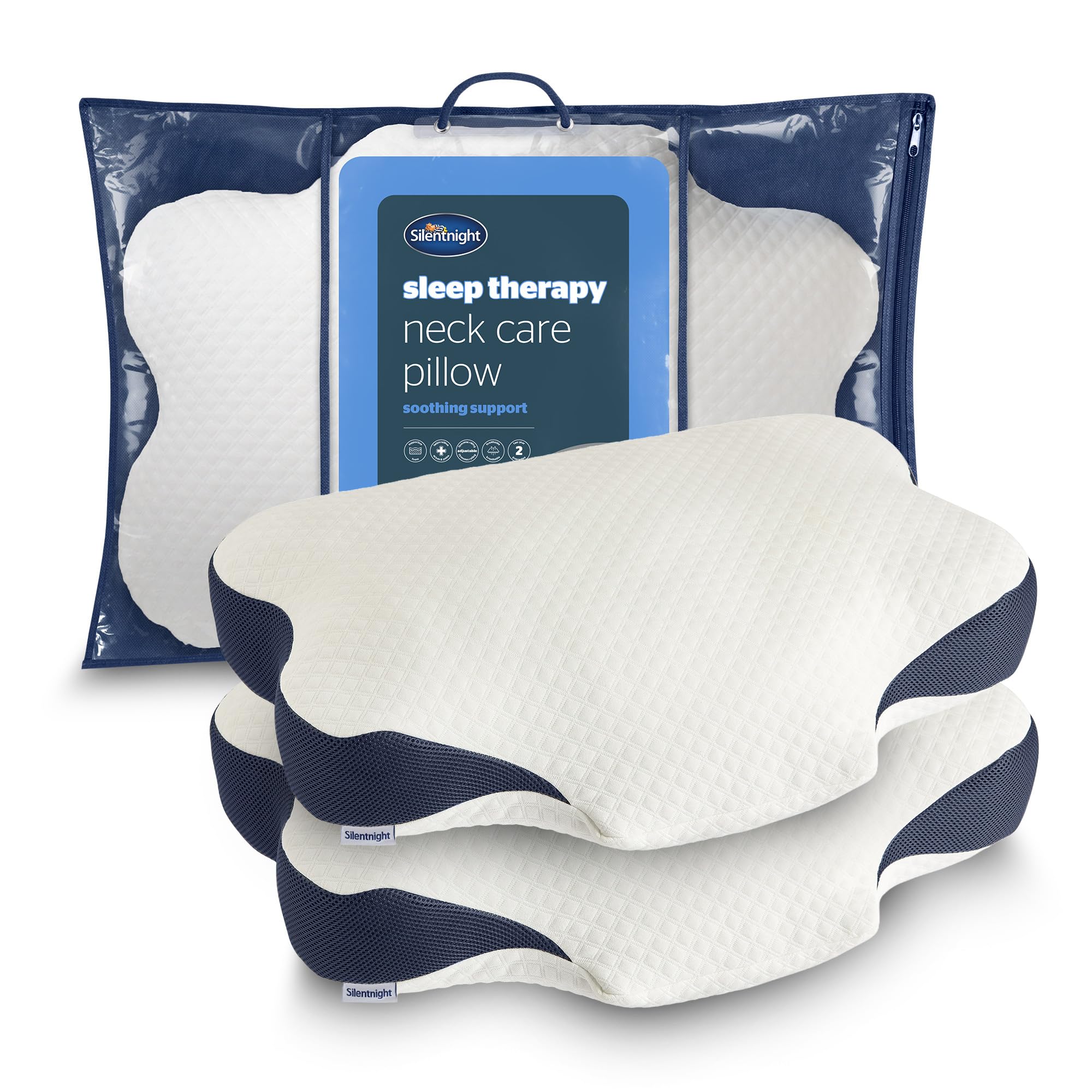 Silentnight Sleep Therapy Neck Pillow Pair - Orthopaedic Support Pillow for Shoulder and Neck Pain Relief for Back Front Side Sleepers with Memory Foam Base, Air Mesh Sides and Adjustable Fill, 2 Pack