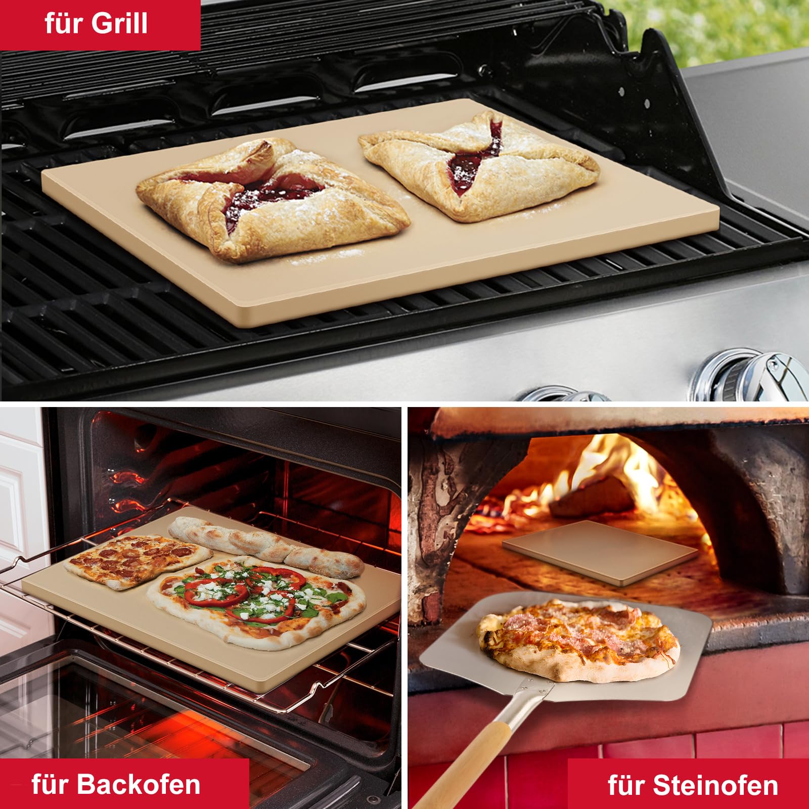 Unicook Großer Pizzastein 50,8 x 34,3 cm, Rechteckiger Pizza Backstein, Robuste Cordierit-Brotpfanne für Backofen und Gasgrill, ideal zum Backen verschiedener Größen von Pizza Brot Keksen