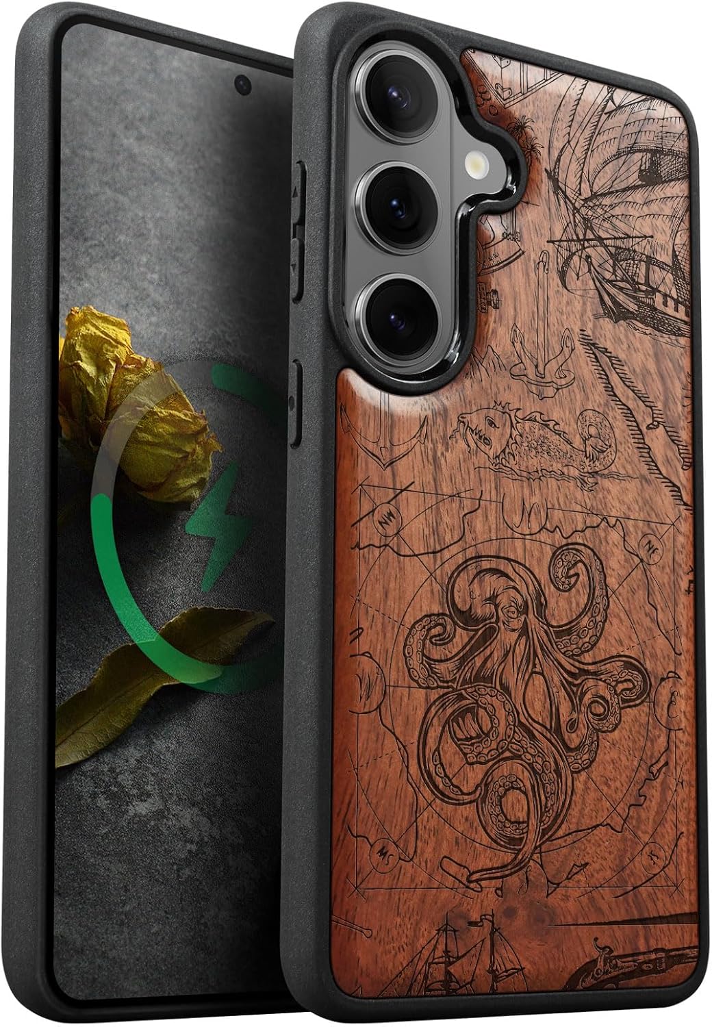 Carveit Magnetic Wooden Case for Galaxy S26+ Samsung S26 Plus Case, TPU Shockproof Cover & Wood Engraved, Compatible with MagSafe Wireless Chargers (Viking Shield) Rosy