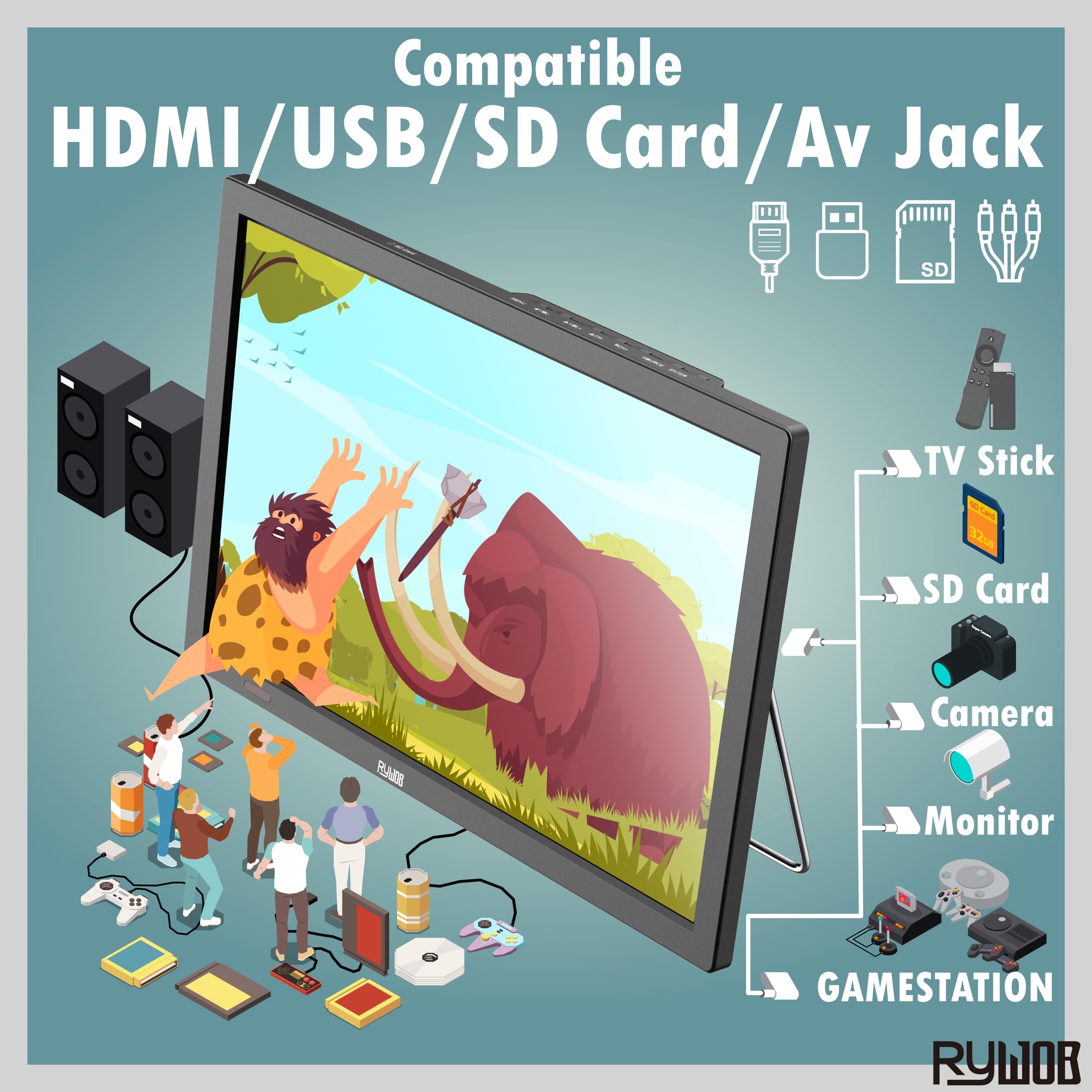 Batería recargable portátil de 15.6 pulgadas, 4000 mAh con | Soporta entrada HDMI/USB/TF/AV, cargador de coche de 12 V para camping, soporte de pared Vesa integrado y soporte