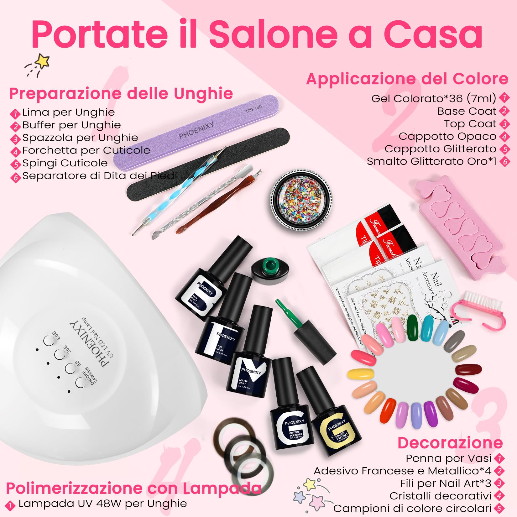 PHOENIXY Kit Unghie Gel Completo - 79Pz Kit Semipermanente Unghie con Lampada UV LED Unghie 54 Colori Smalto Semipermanente Unghie con 4 Top Coats Regalo per Donne
