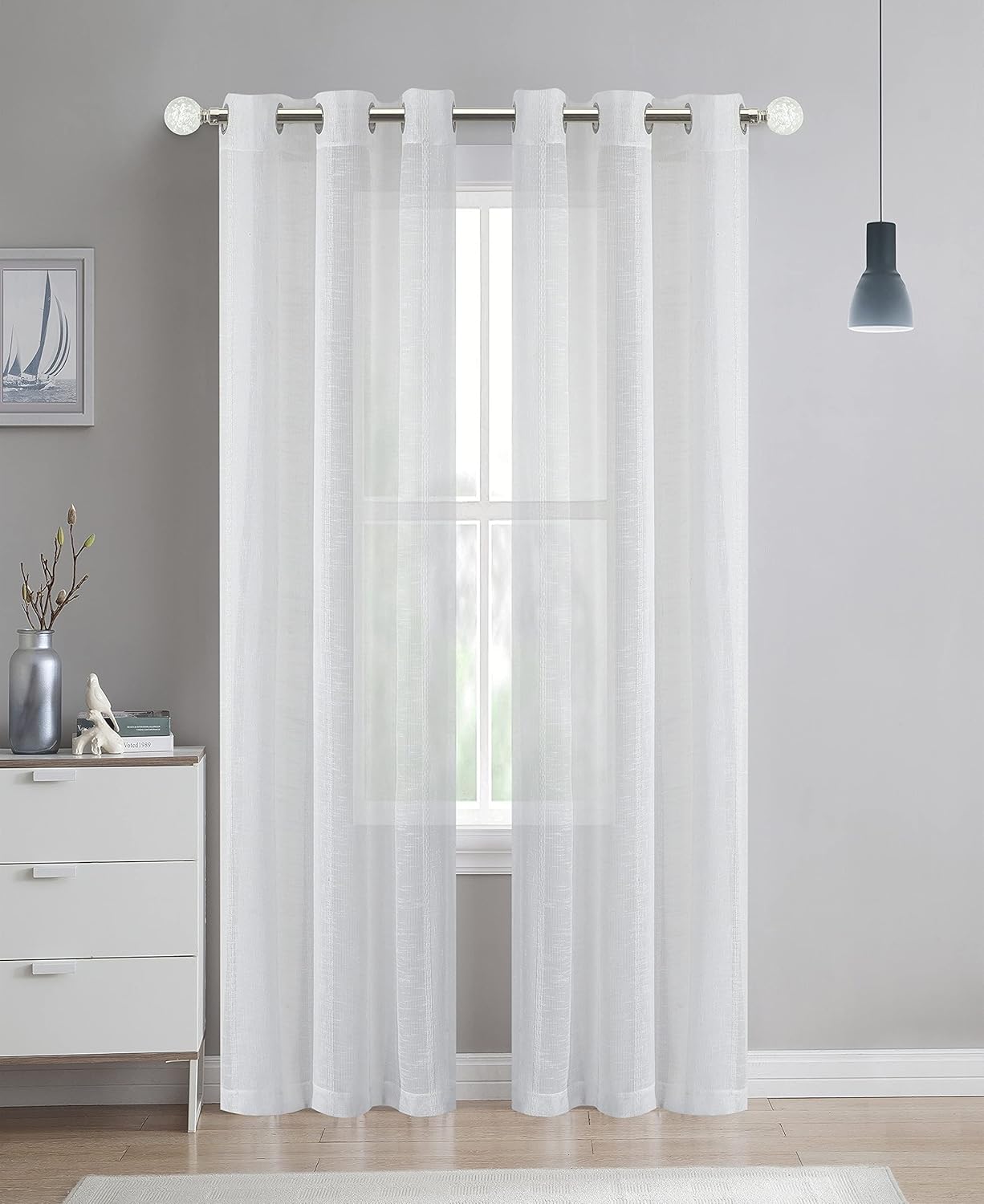 Dainty Home Megan Striped Sheer Fabric 76" x 96" Window Panel Pair in White, (96MEG76WH)