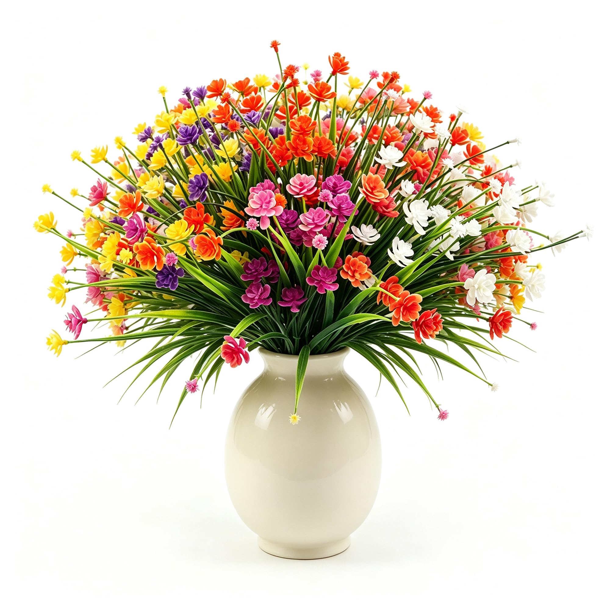 binandteam 12 Bundles Artificial Flowers (10 Bundles Flower + 2 Greenery Grass), 84 Stems Bendable Faux Plants for Outdoor & Indoor Decor, Garden, Porch, Planters,Vibrant & No Fade - Colorful