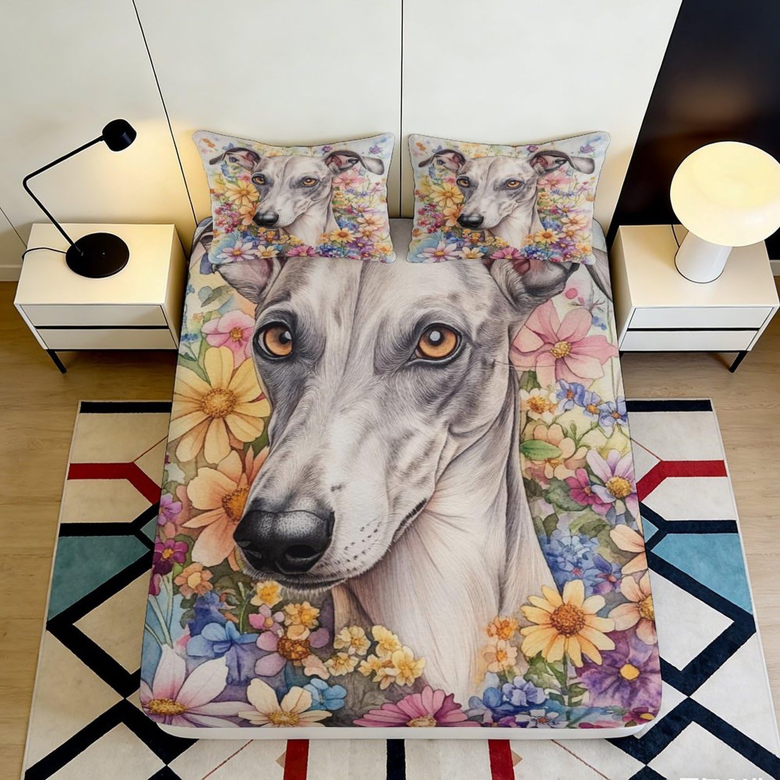 3D Printed Greyhound Floral Fitted Sheet Microfiber Soft Breathable Dog Bed Cover for Bedroom Guest Room Decor 90x200x25cm