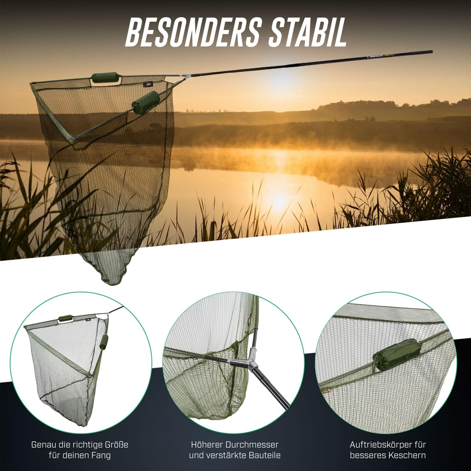 Karpfenkescher 2,70m Kohlefaser mit 2 Net-Floats knotenloses Netz | Kohlefaserstange 2,70m, Kopf 102x84cm, knotenloses Netz mit 2 Schwimmern – sicheres Keschern von Karpfen