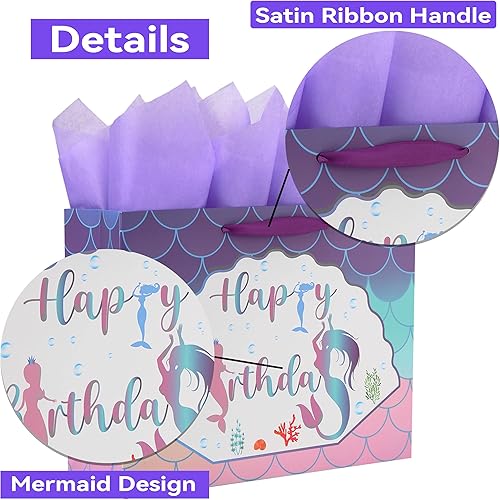 Miniatura 4 de Juego de bolsas de regalo moradas grandes de 13 pulgadas con tarjeta de felicitación y papeles de seda lavanda (diseño de sirena) para fiestas de