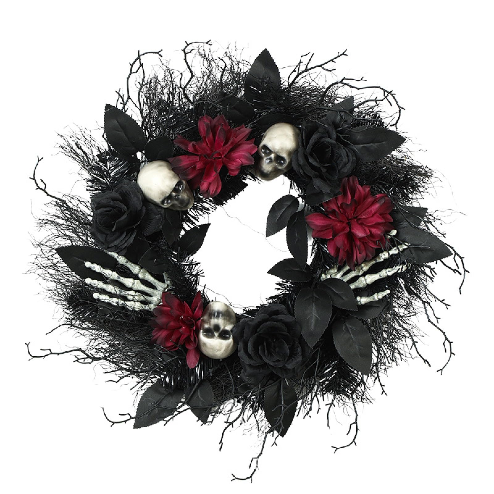 Wreath for Front Door, 45cm Halloween Skull & Skeleton Wreath, Black Rose & Red Dahlia Artificial Door Wreath, Spooky Gothic Decor (Black)