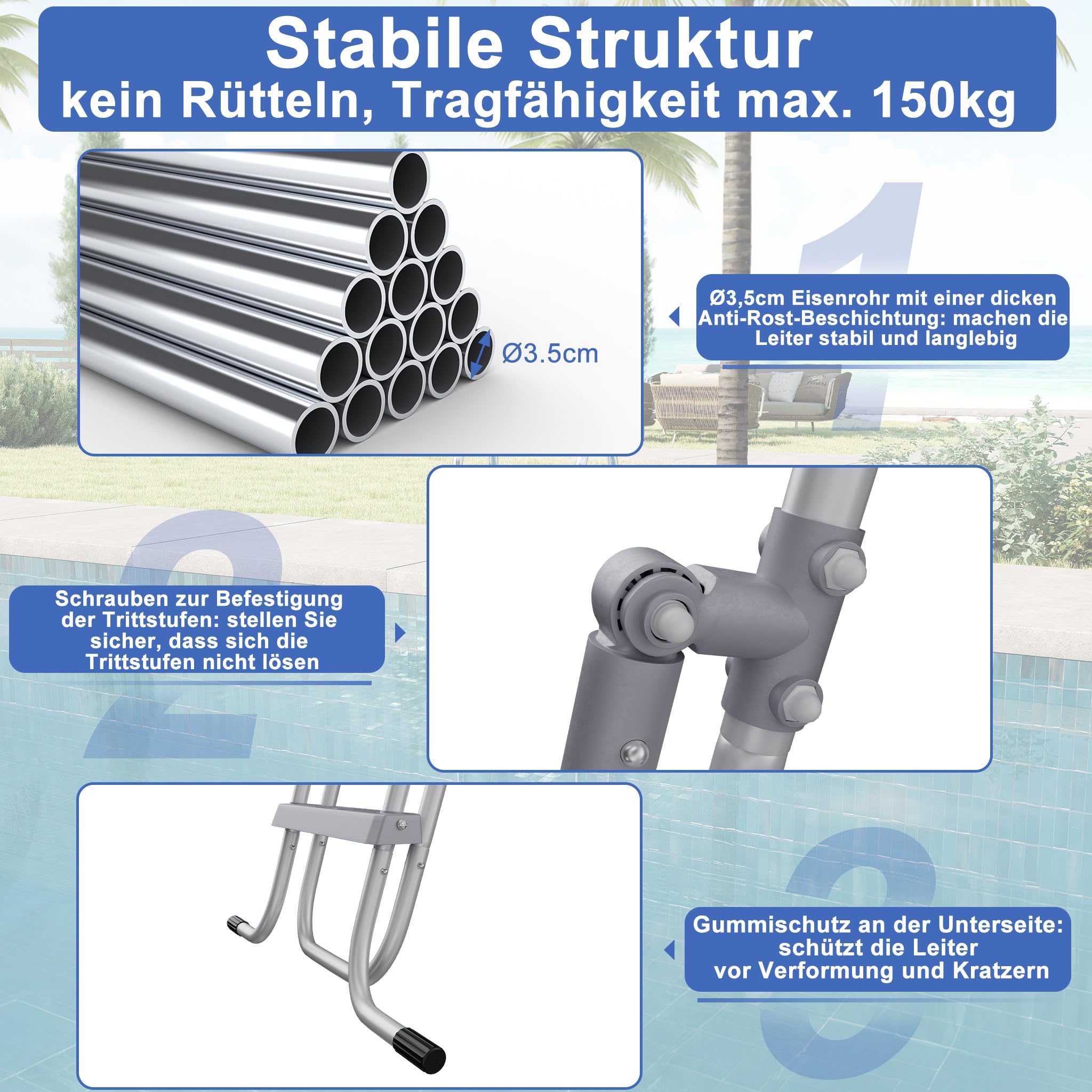 HENGMEI Échelle de piscine 4 marches avec main courante, échelle d'entrée pour piscines hors sol antidérapante, échelle de sécurité avec dispositif antidérapant. Capacité de charge maximale : 150 kg