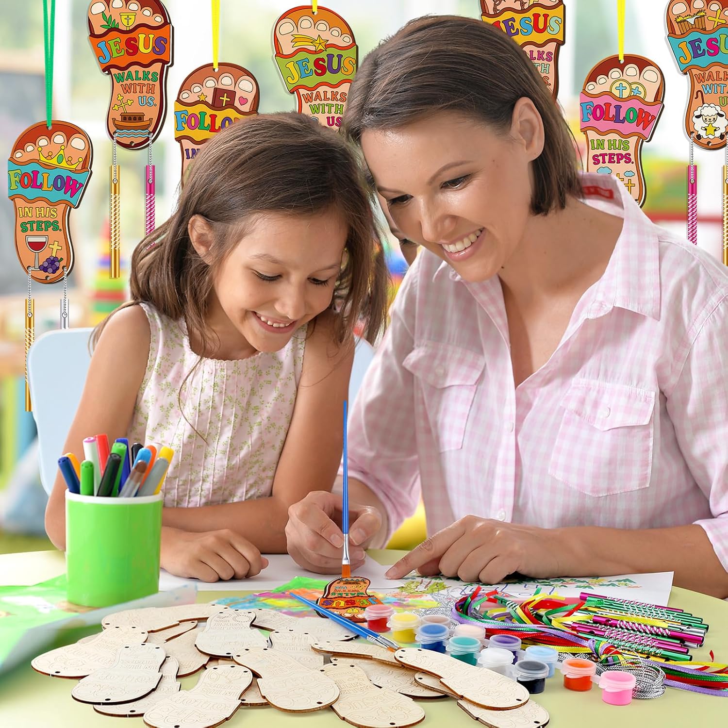 Colingmill 30 Pack Vbs Sunday School Christian Wind Chime Kit Make Your Own Religious Jesus Walks with Us Sandal Crafts DIY Coloring Wooden Church Crafts for Gift Art Back to School Party Favors