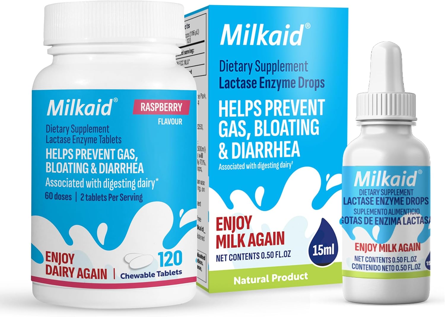 Milkaid Lactase Enzyme Drops Tablets for Lactose Intolerance Relief | Prevents Gas, Bloating & Diarrhea | Dairy Digestive Supplement | 0.5 Fl Oz & 120 Raspberry Flavored Tablets