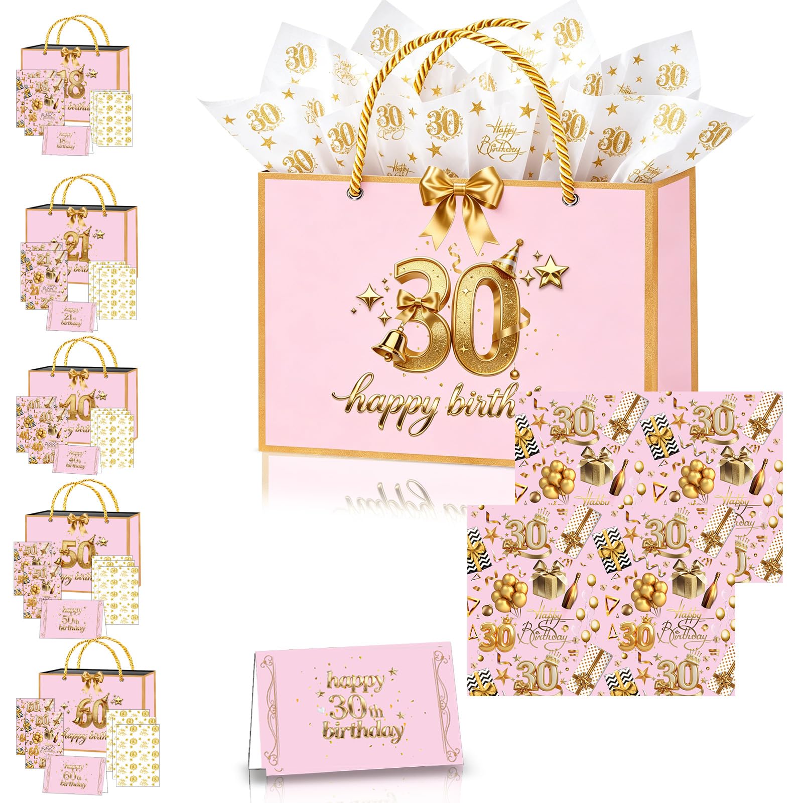 30th Birthday Gift Bag for Women,11×8×4" Pink Gold Woman 30th Gift Bag with 30th Birthday Wrapping Paper Tissue Paper Sheets Card and Ribbon for Ladies Her Female 30th Birthdays Present Decorations