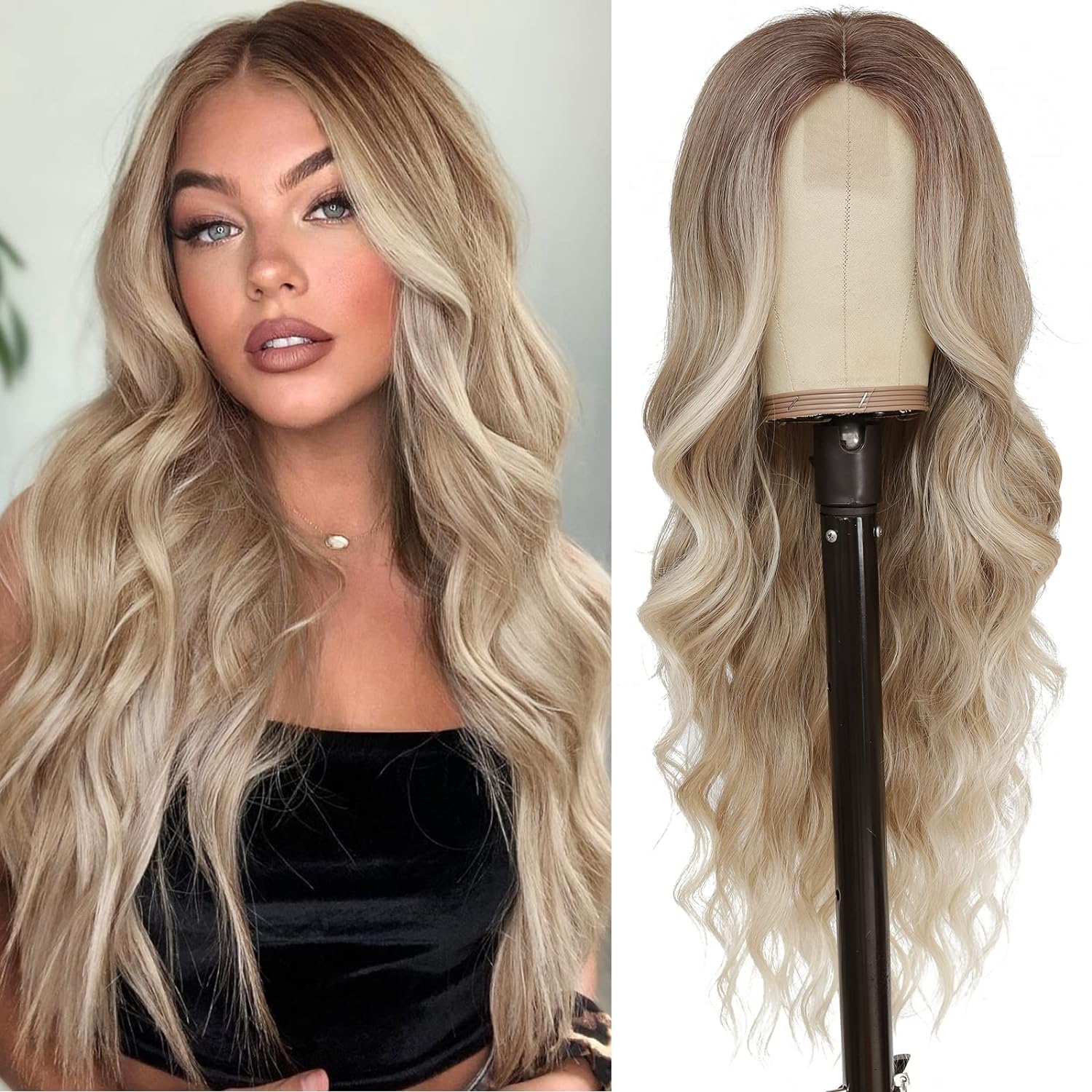PORSMEER Long Blonde Wavy Wig for Women -Lace Middle Part Curly Synthetic Heat Resistant Fiber Wig for Daily Party Use (Ombre Blonde) 26 Inch