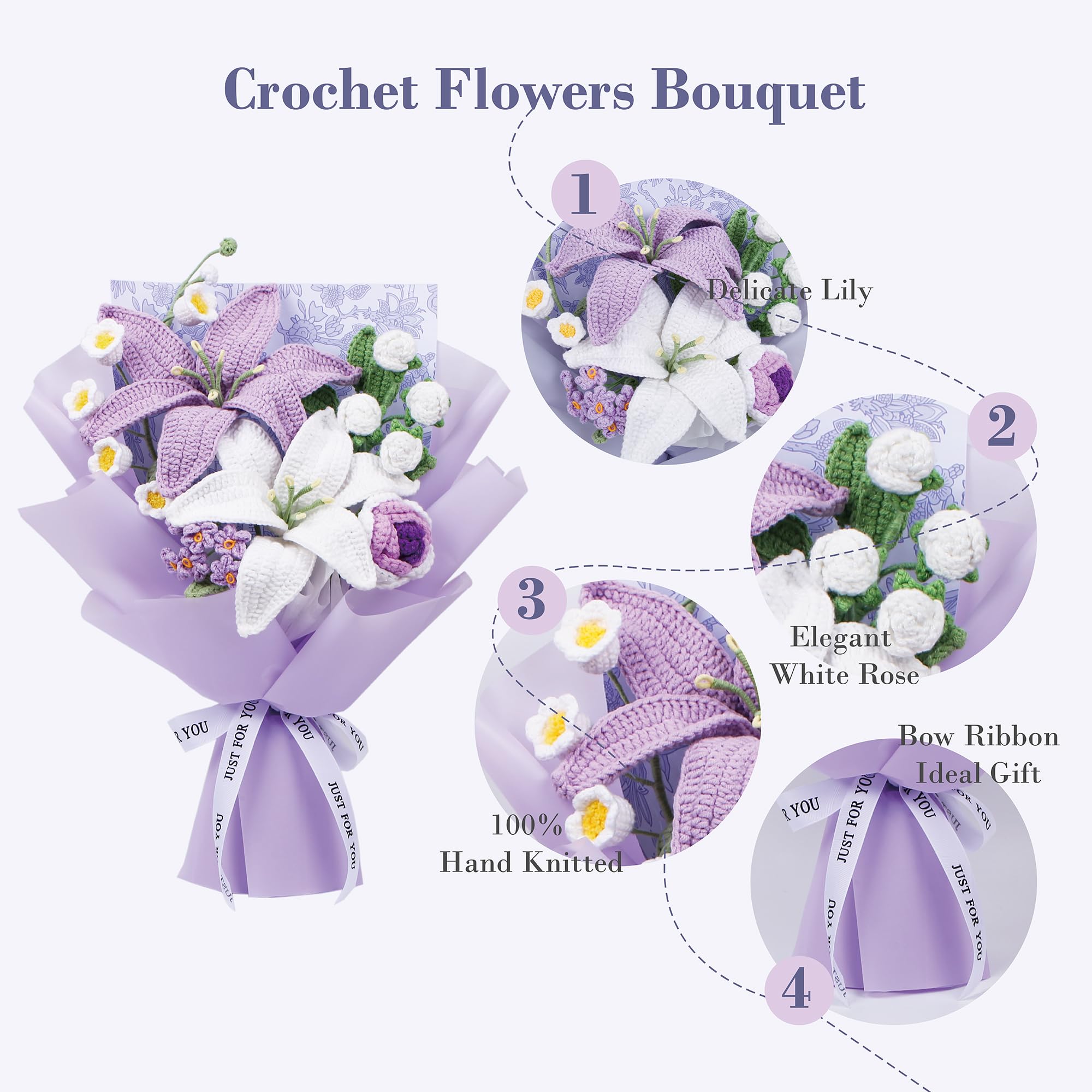 Ramo de flores de ganchillo, ramo de flores de ganchillo hecho a mano con rosas y lirios, flor artificial de ganchillo para el día de la madre, cumpleaños, boda, decoración del hogar, bolsa de regalo