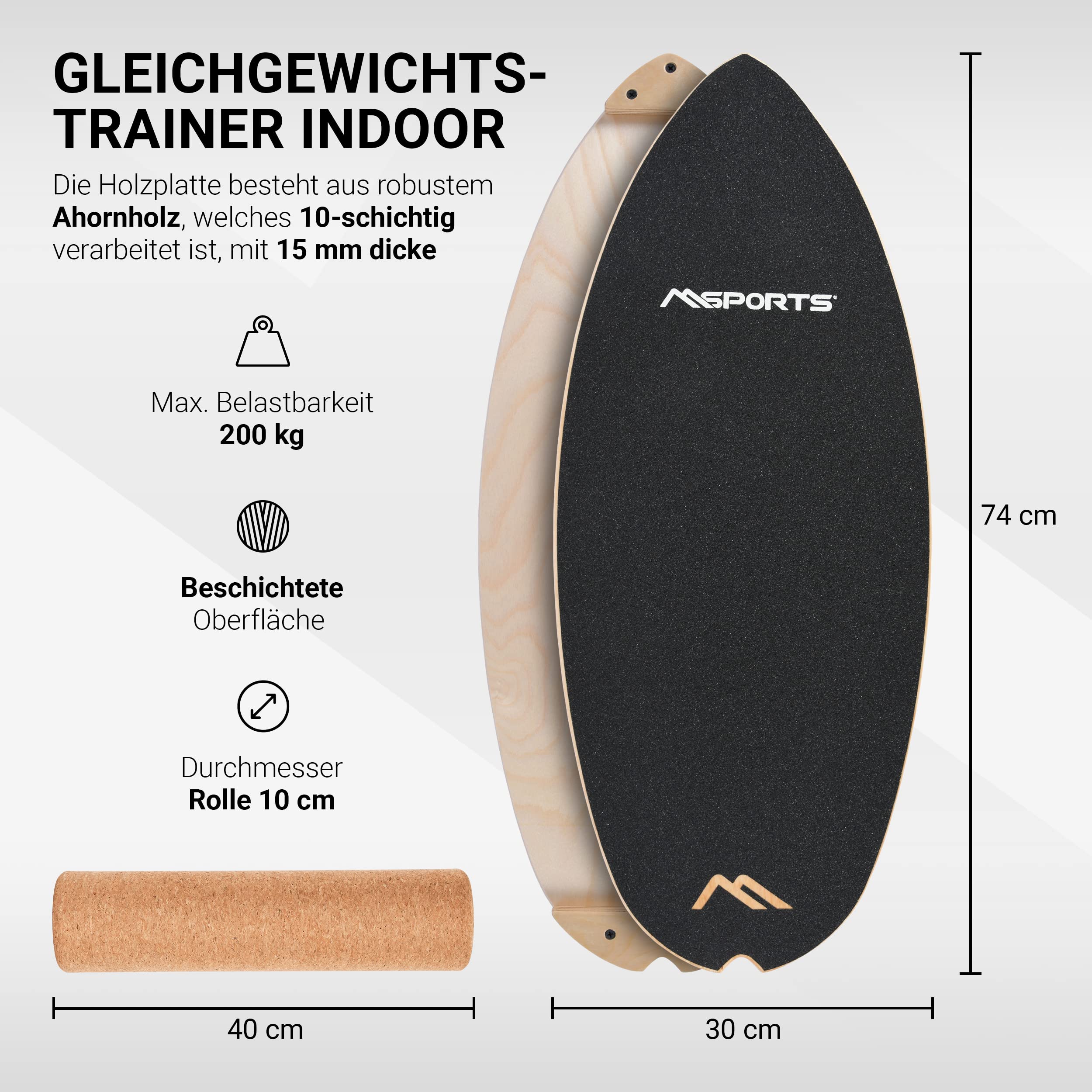 MSPORTS Balance Board aus Holz – Surf Balance Trainer für Gleichgewicht, Core-Training & Physiotherapie – Rutschfeste Oberfläche, Robust & Langlebig – Fitnessboard für Erwachsene & Kinder