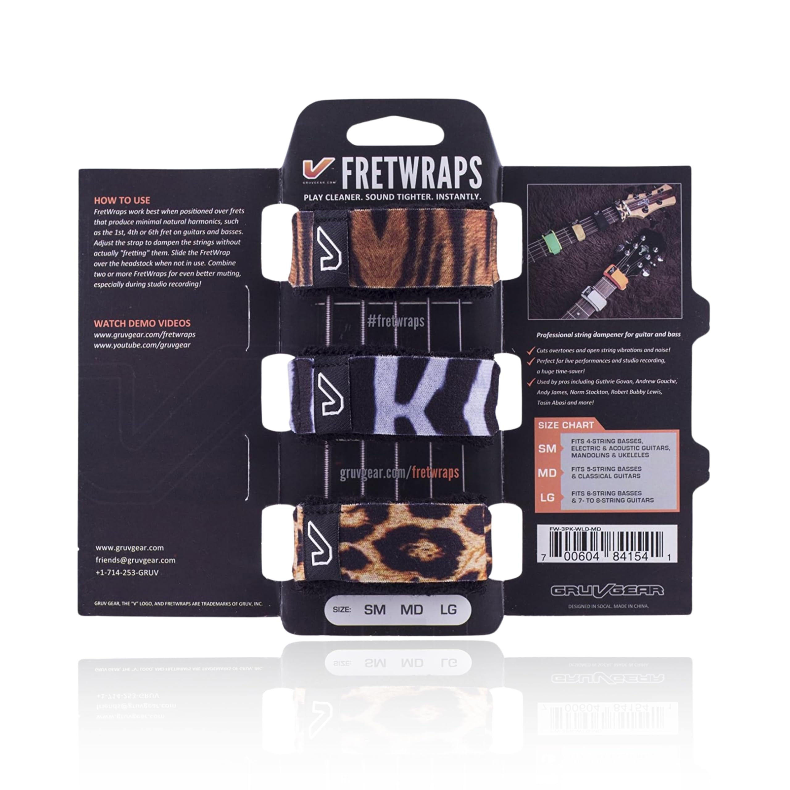 Gruv Gear Fret Wrap &amp; Guitar Mute, Fretwrap for Acoustic, Electric &amp; Bass | String Dampener Recording, Tapping &amp; Practice Accessory (3 Pack, Large Animal Prints, Fits 6 String Bass, 8 String Guitar)