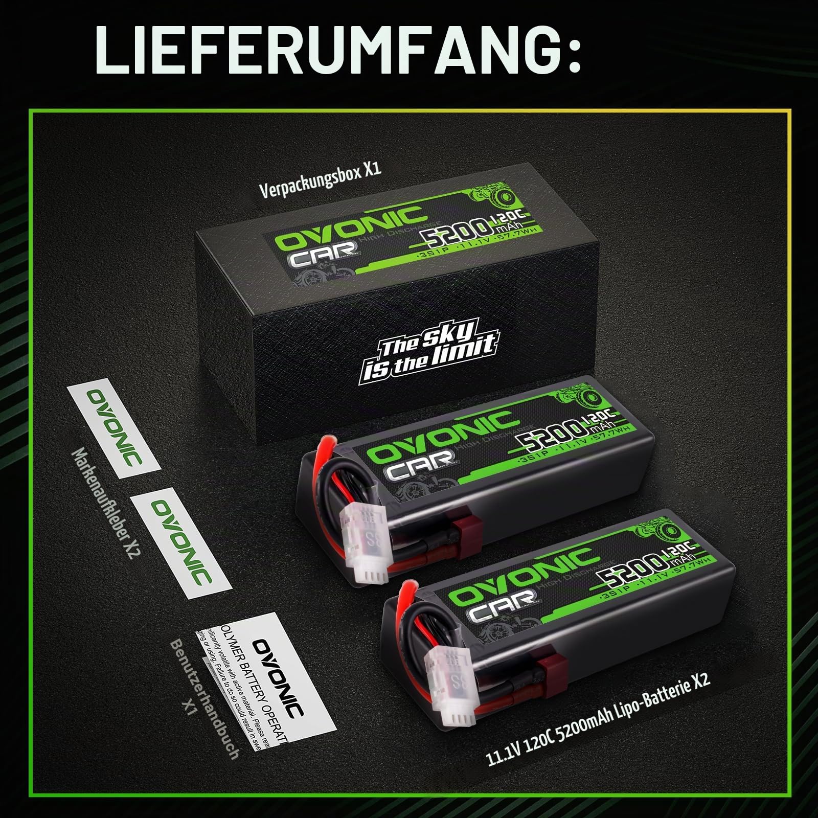 OVONIC 3s Lipo Akku 11.1V 5200mAh 120C mit Deans T Stecker Lipo Batterie für RC Auto Truck Truggy Quadcopter Hubschrauber LKW Boot Flugzeug(2PCS)