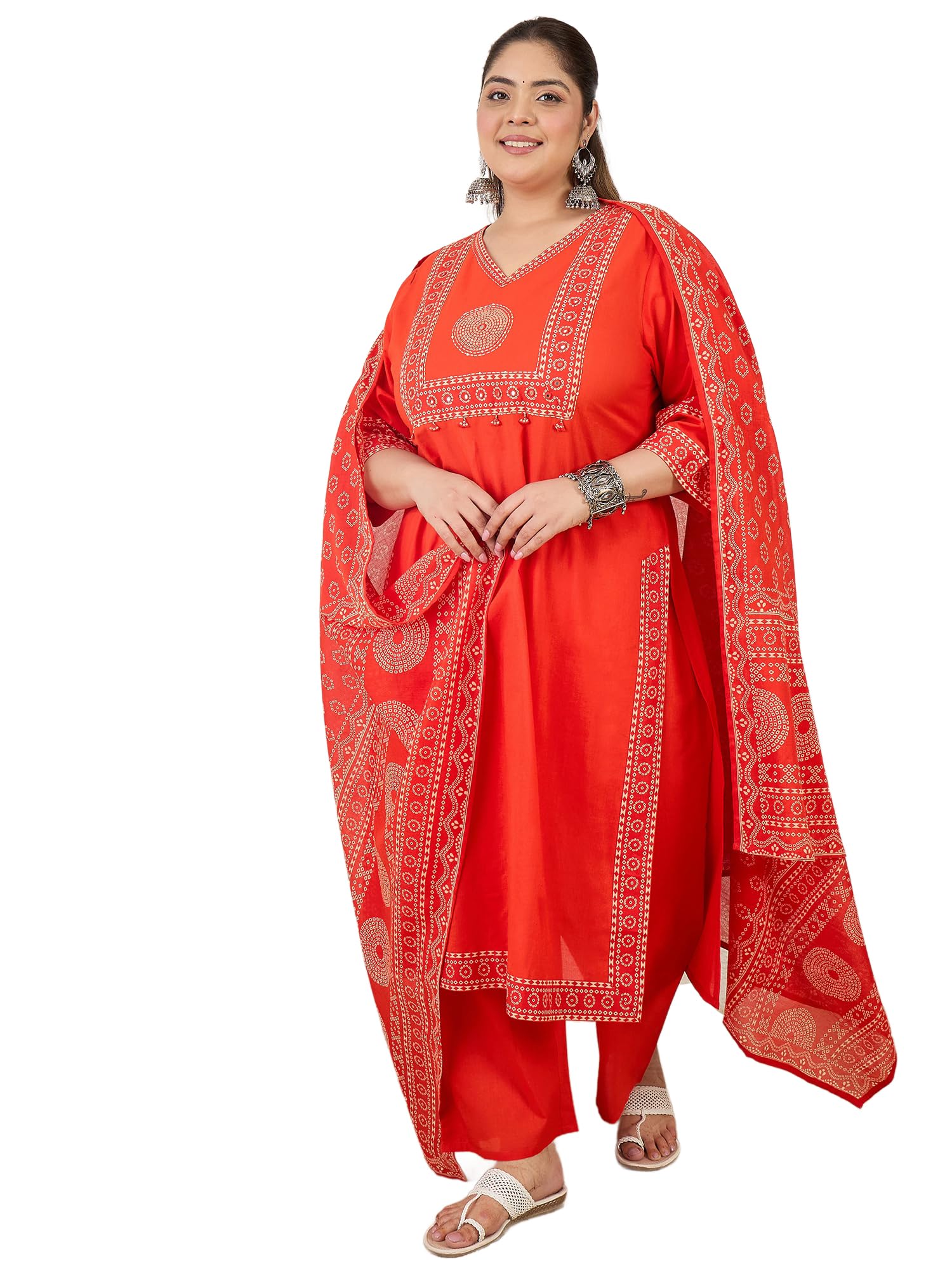 indo era Women's Rust Pure Cotton Ethnic Motifs Printed Mirror Work Straight Kurta & Pant with Dupatta Sets-picture-13