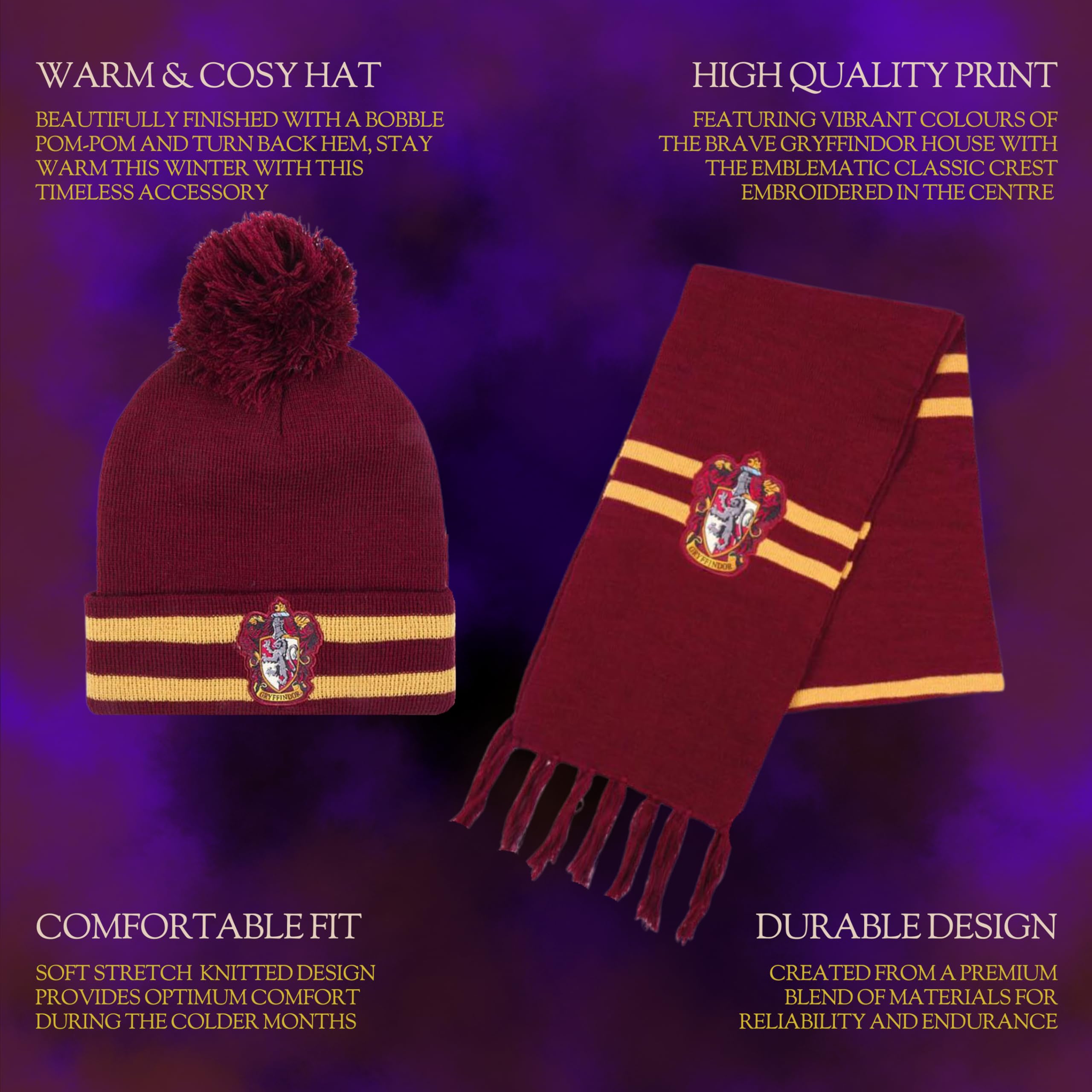 Harry Potter Gorro y Bufanda, Conjunto de Invierno para Niños y Adolescentes, Gorro y Bufanda Hogwarts Gryffindor, Accesorios de Invierno | Rojo