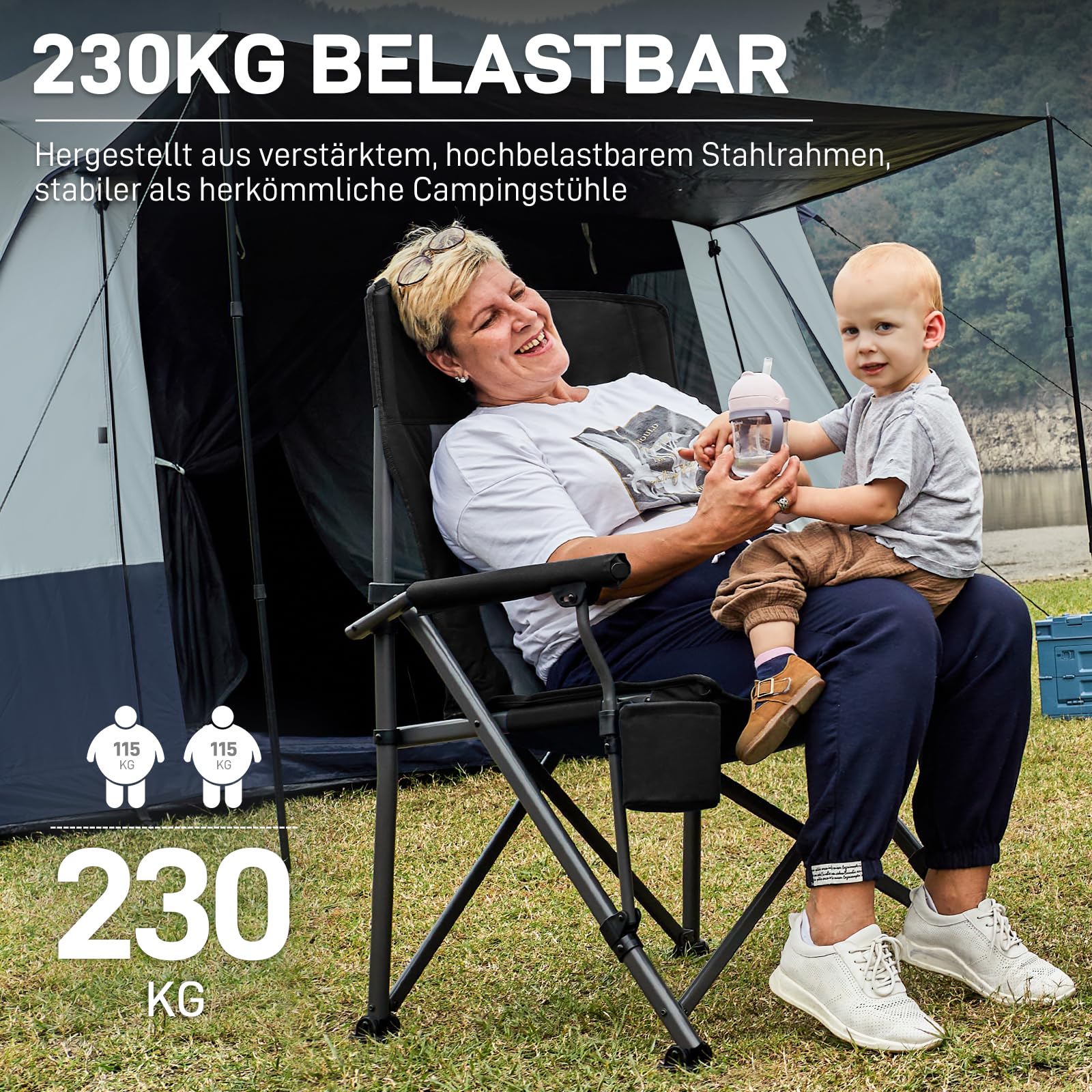 EVER ADVANCED Campingstuhl Faltbar 230KG Belastbar XL Klappstuhl 62cm Sitzbreit mit Seitentasche Getränkehalter Übergroß Faltstuhl Angelstuhl für Camping Outdoor Balkon Garten