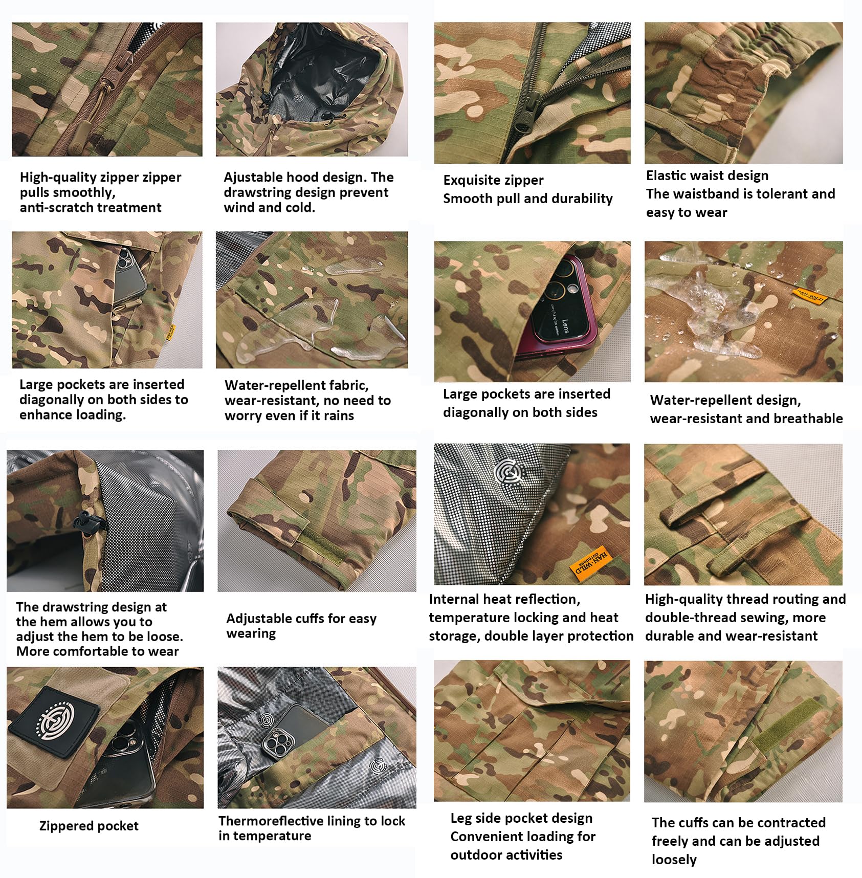 Męska kurtka zimowa z kamuflażem, zestaw spodni, outdoorowa, wodoszczelna, wiatroszczelna, odzież robocza, grube, ciepłe, odbijające ciepło, do trekkingu, trekkingu i spodni